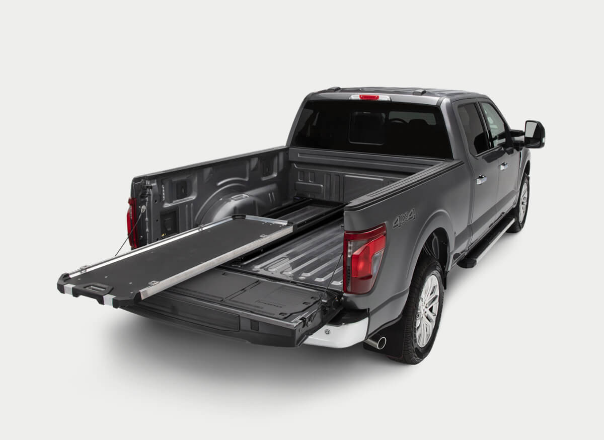 A half bed CargoGlide in the bed of a Ford F-150.