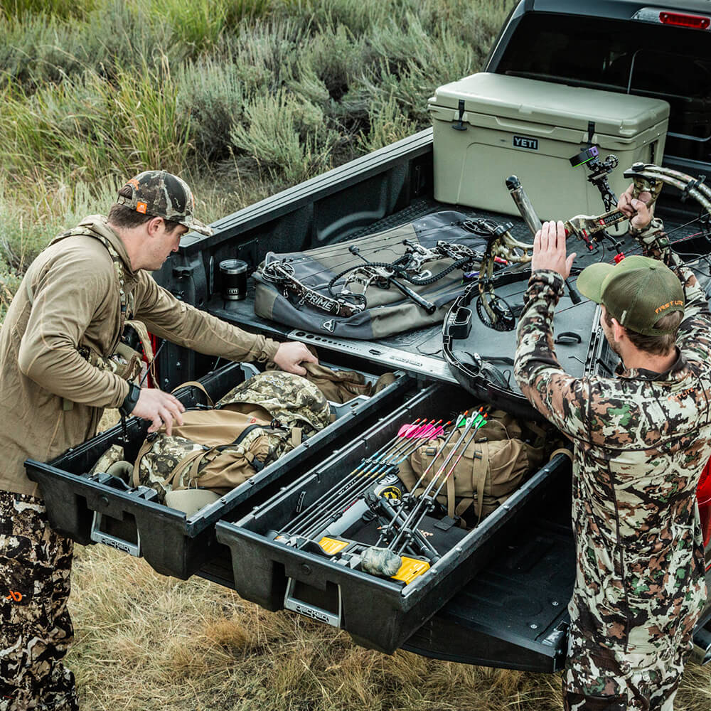 Decked drawer system storing hunting gear