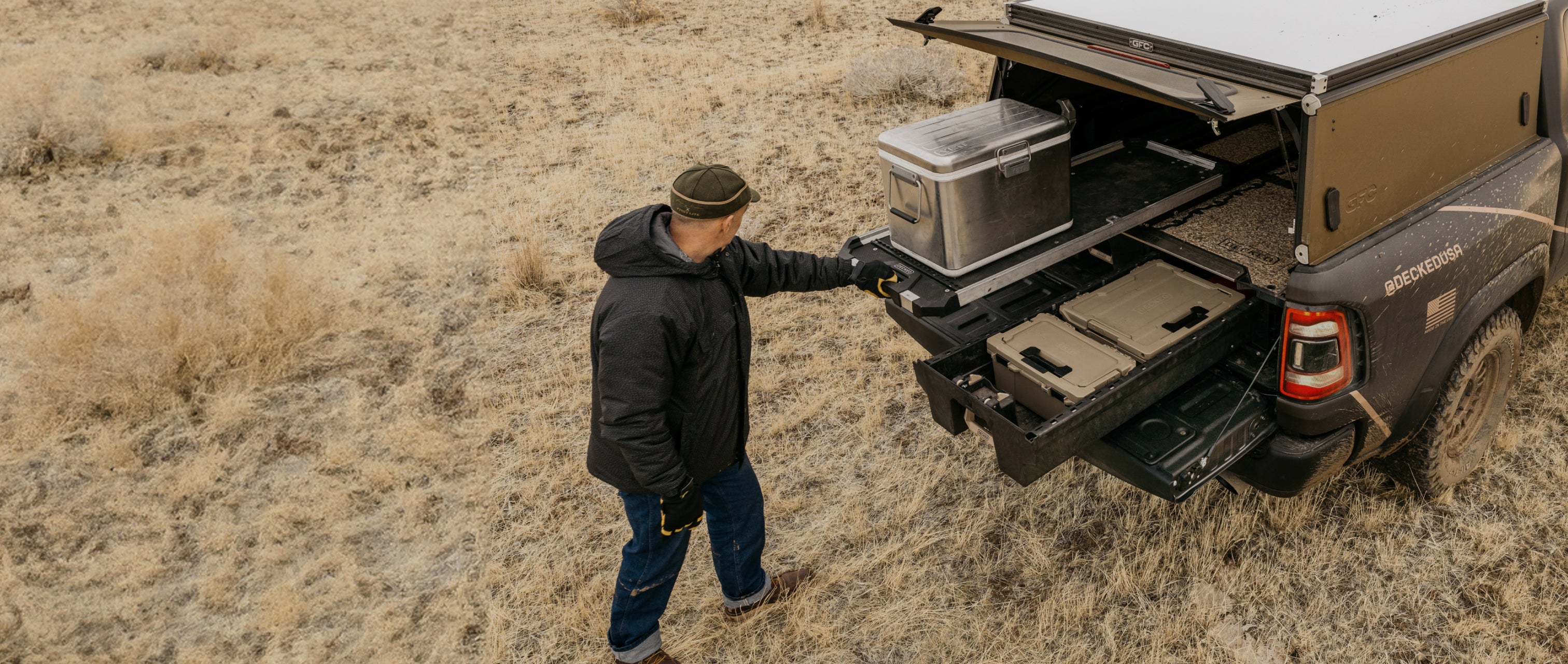 A man extending his CargoGlide on top of a Drawer System out of his DECKED out truck.