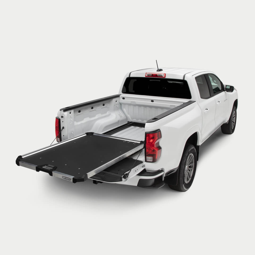 A studio shot of a fully extended CargoGlide in a midsize truck bed.