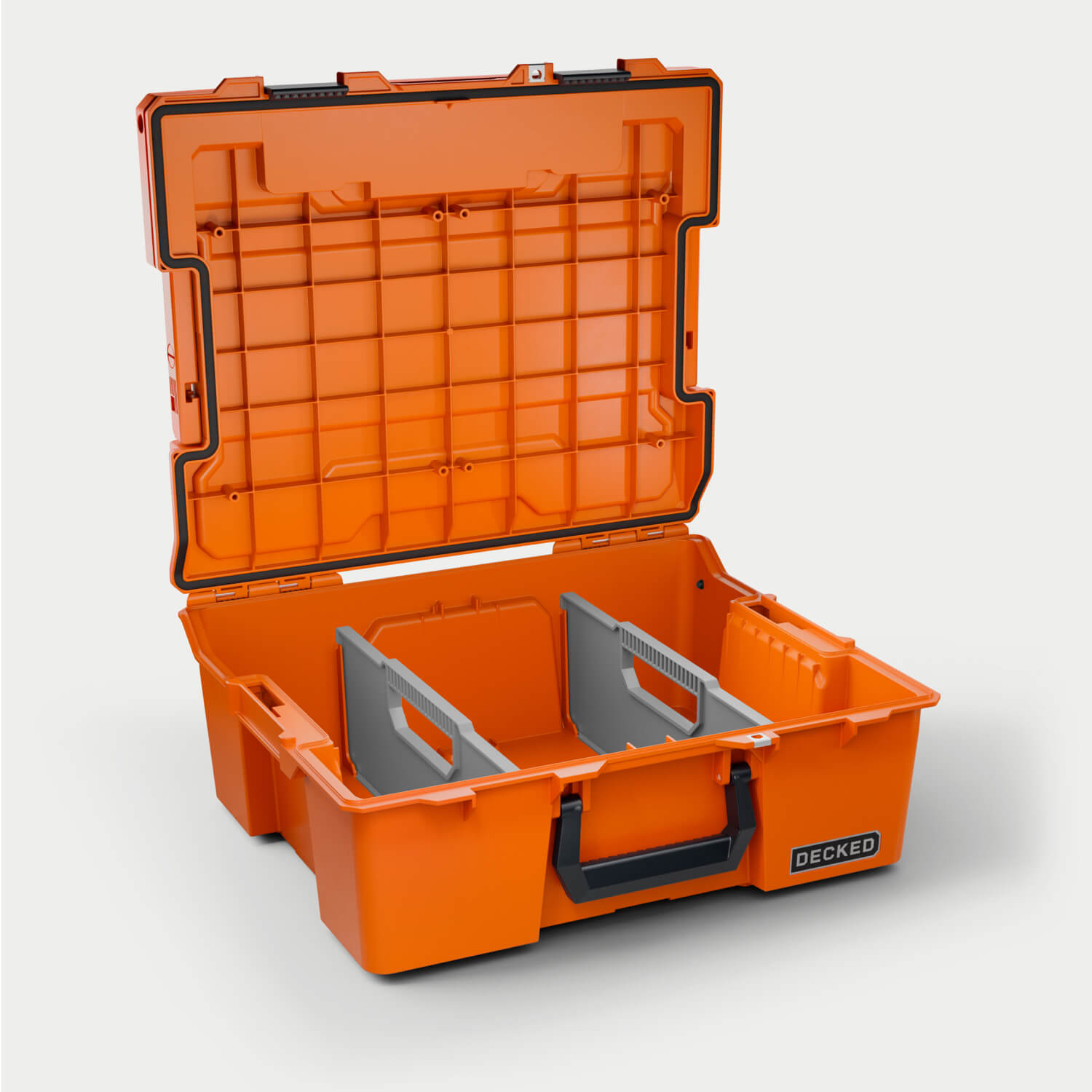 Side angle view of the Blaze Orange Halfrack 32 open with dividers (included) inside.