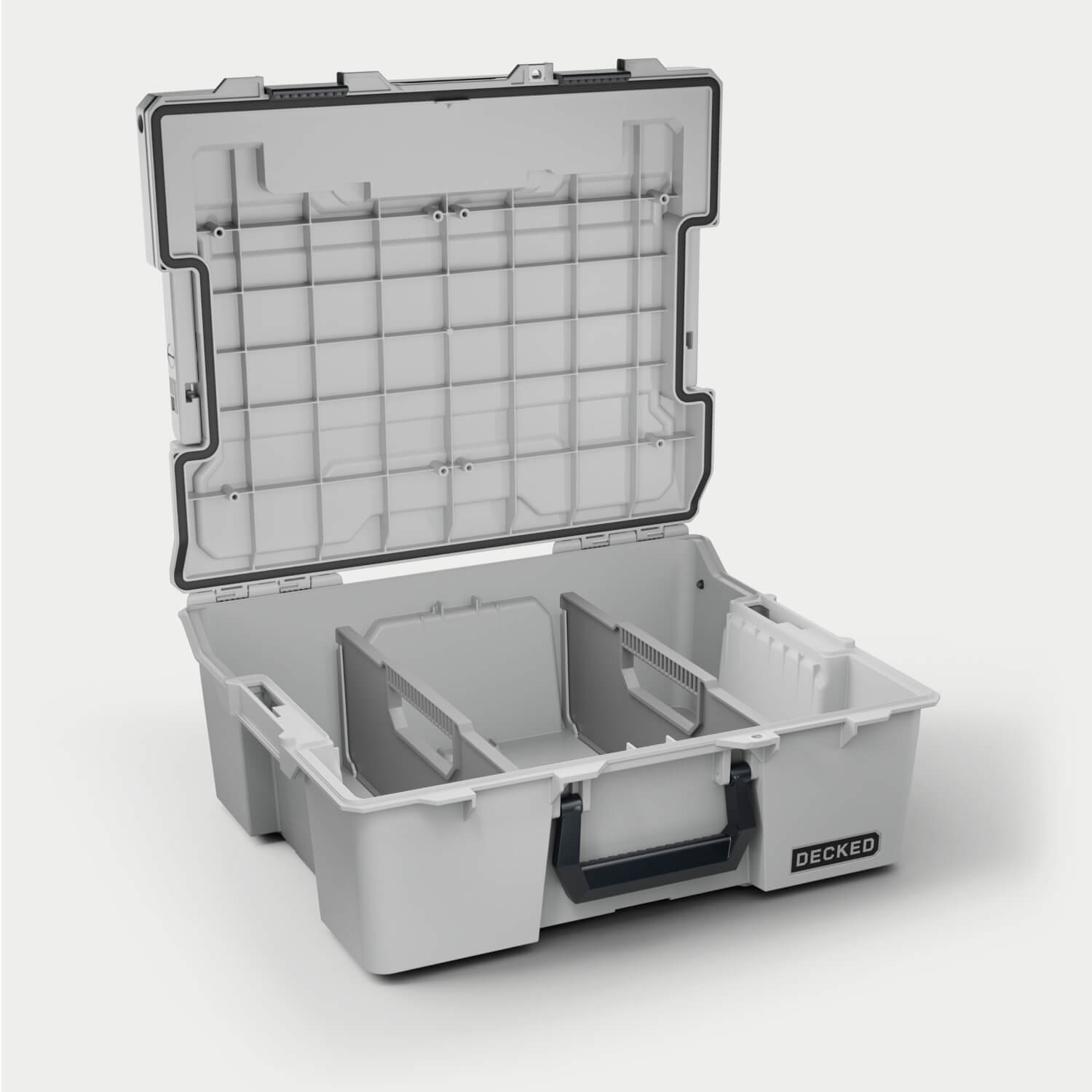 Side angle view of the Cool Gray Halfrack 32 open with dividers (included) inside.