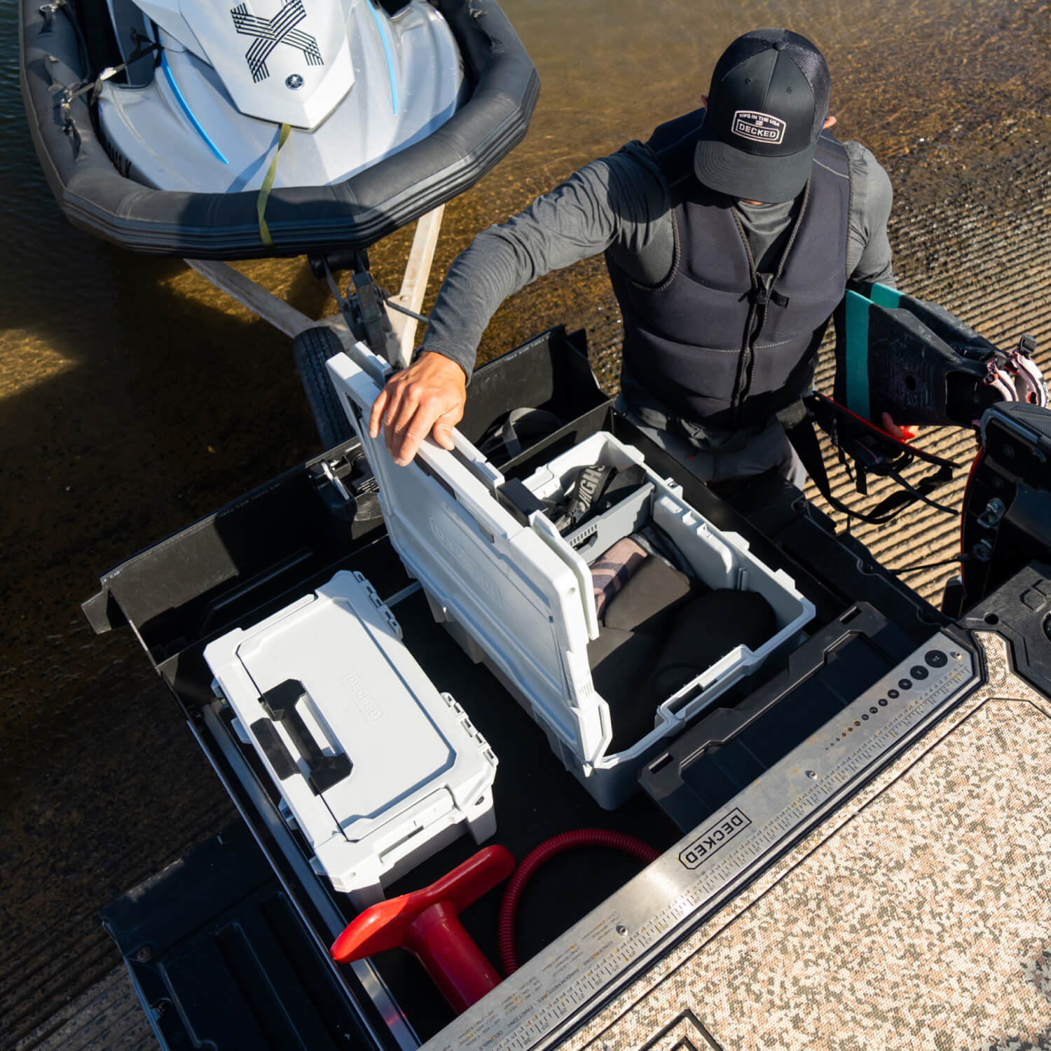 The Cool Gray Halfrack and Sixer inside of a midsize Drawer System at the boat launch. The Halfrack is full of diving equiptment.