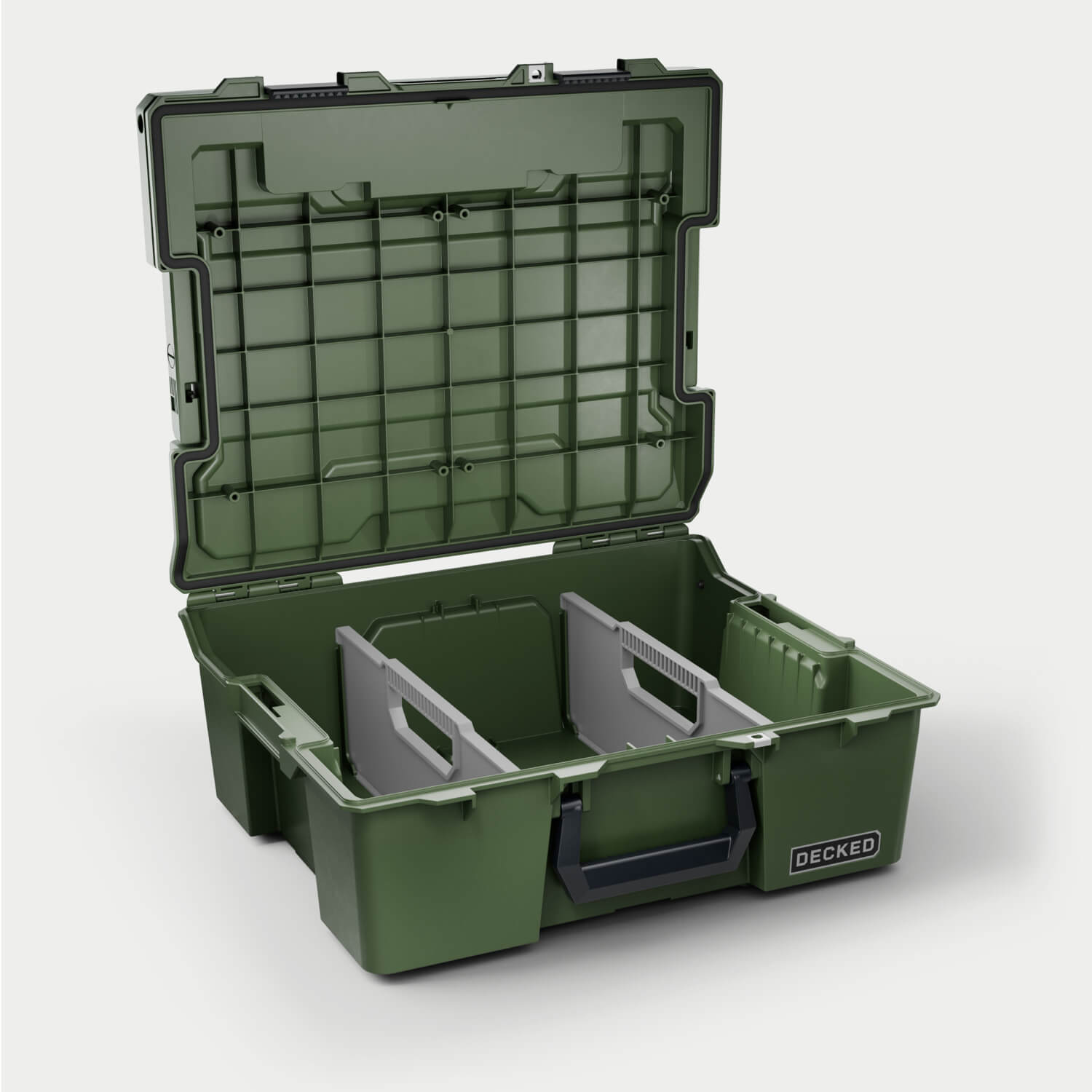 Side angle view of the Ranger Green Halfrack 32 open with dividers (included) inside.