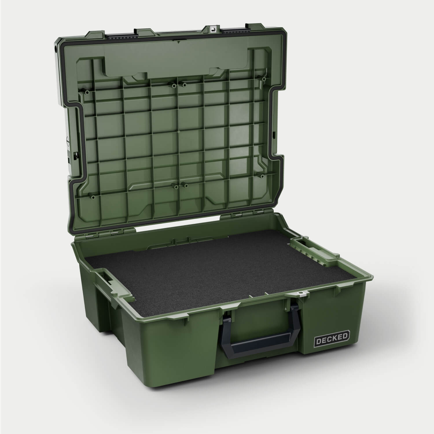 Side angle view of the Ranger Green Halfrack 32 open with the custom foam inside (sold separately).