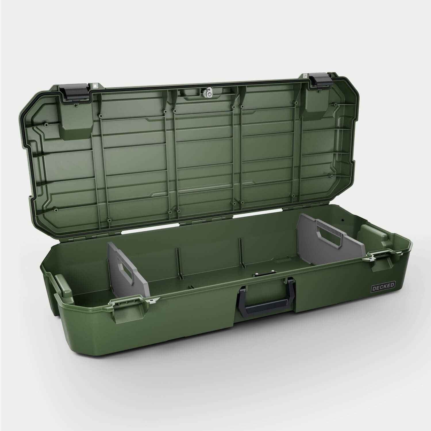 Side angle view of the Ranger Green Honcho 80 open with dividers inside.