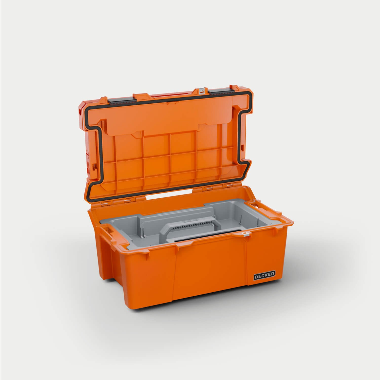 Side angle view of the Blaze Orange Sixer 16 open with the D-co case cargo tray (included) inside.