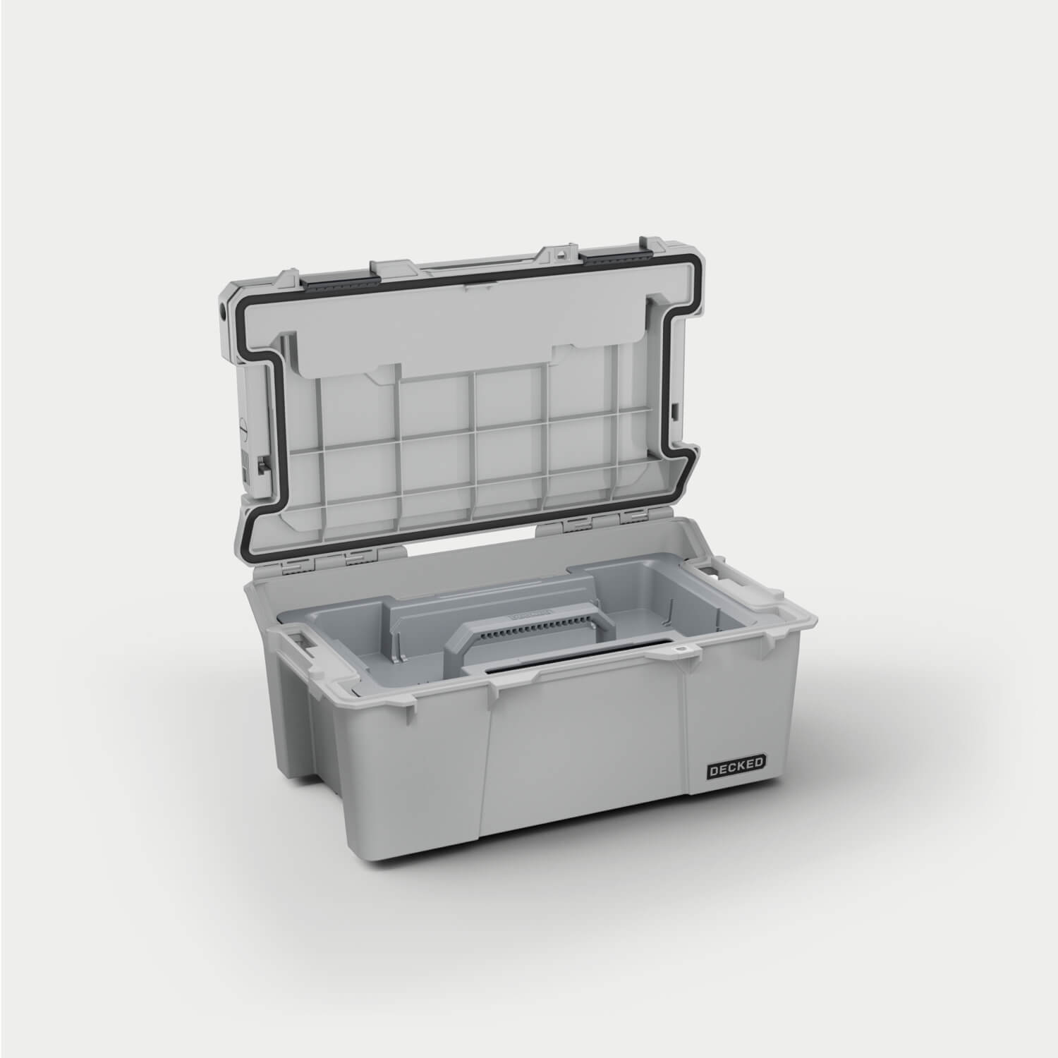 Side angle view of the Cool Gray Sixer 16 open with the D-co case cargo tray (included) inside.