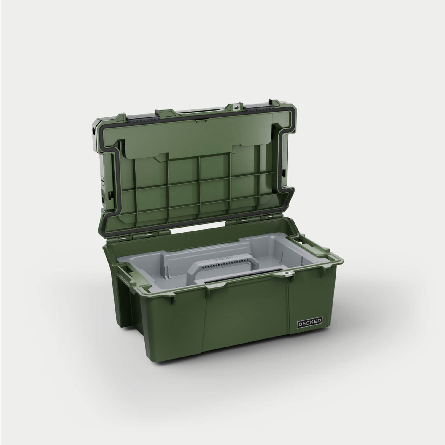 Side angle view of the Ranger Green Sixer 16 open with the D-co case cargo tray (included) inside.