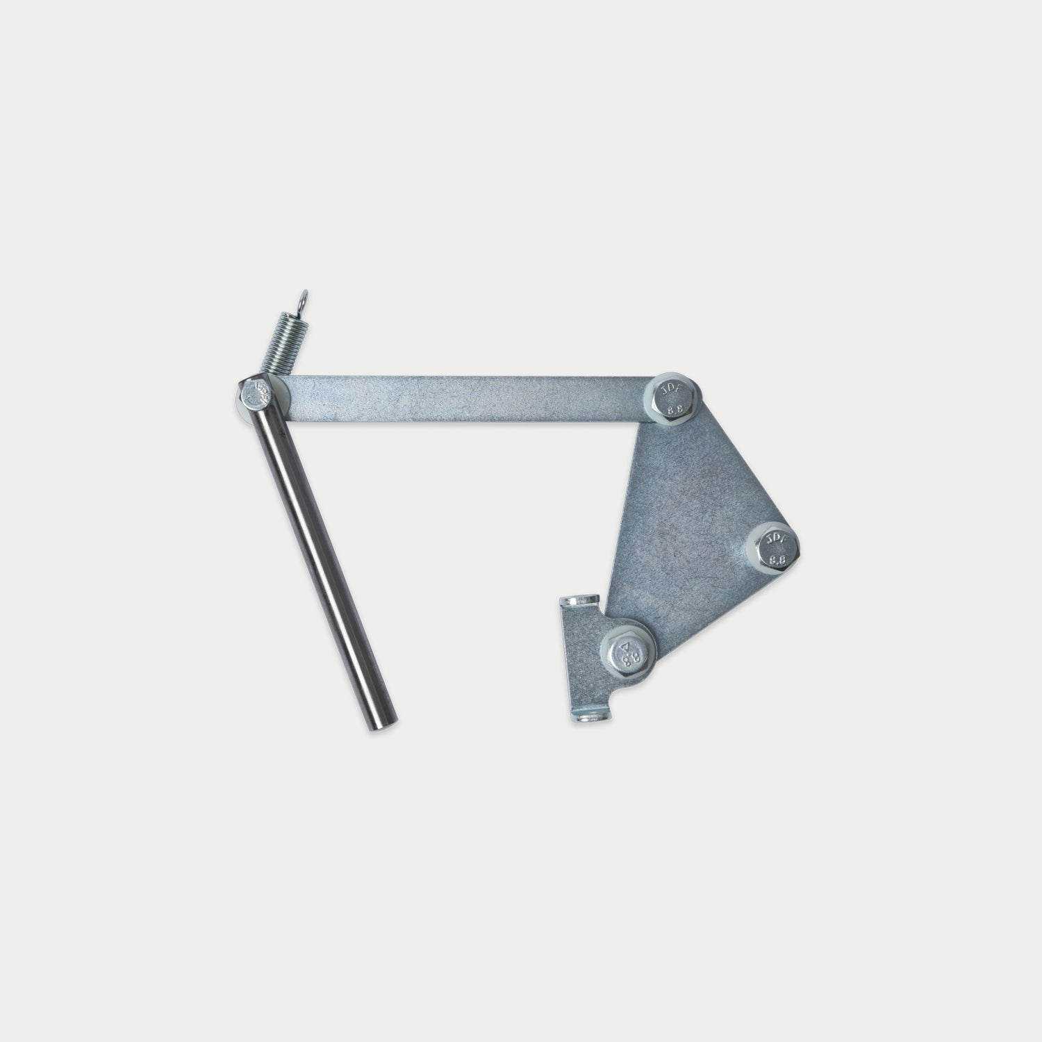 [RCG006] A galvanized steel hinge or bracket assembly with a vertical rod, horizontal arm, and triangular mounting plate, shown on a light gray background.