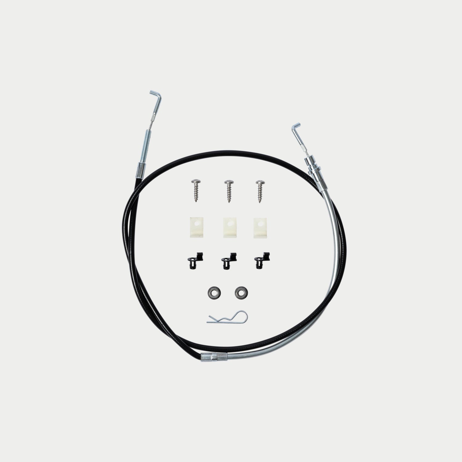 A cable assembly kit with a black cable coiled in a circle, shown with its mounting hardware including screws, clips, washers, and a small hook on a light gray background.
