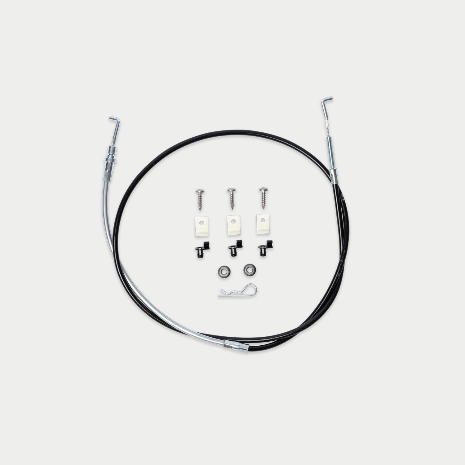 [W-DCG-CABLE-56-KIT] A cable assembly kit with a black cable wrapped in protective sheathing and silver metal ends, shown with mounting hardware including screws, clips, washers, and a small hook on a light gray background.