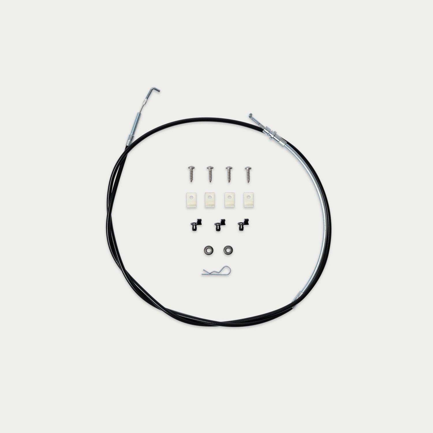A black cable assembly with metal hook ends, shown with a small set of mounting hardware including screws, clips, washers, and a small spring on a light gray background.