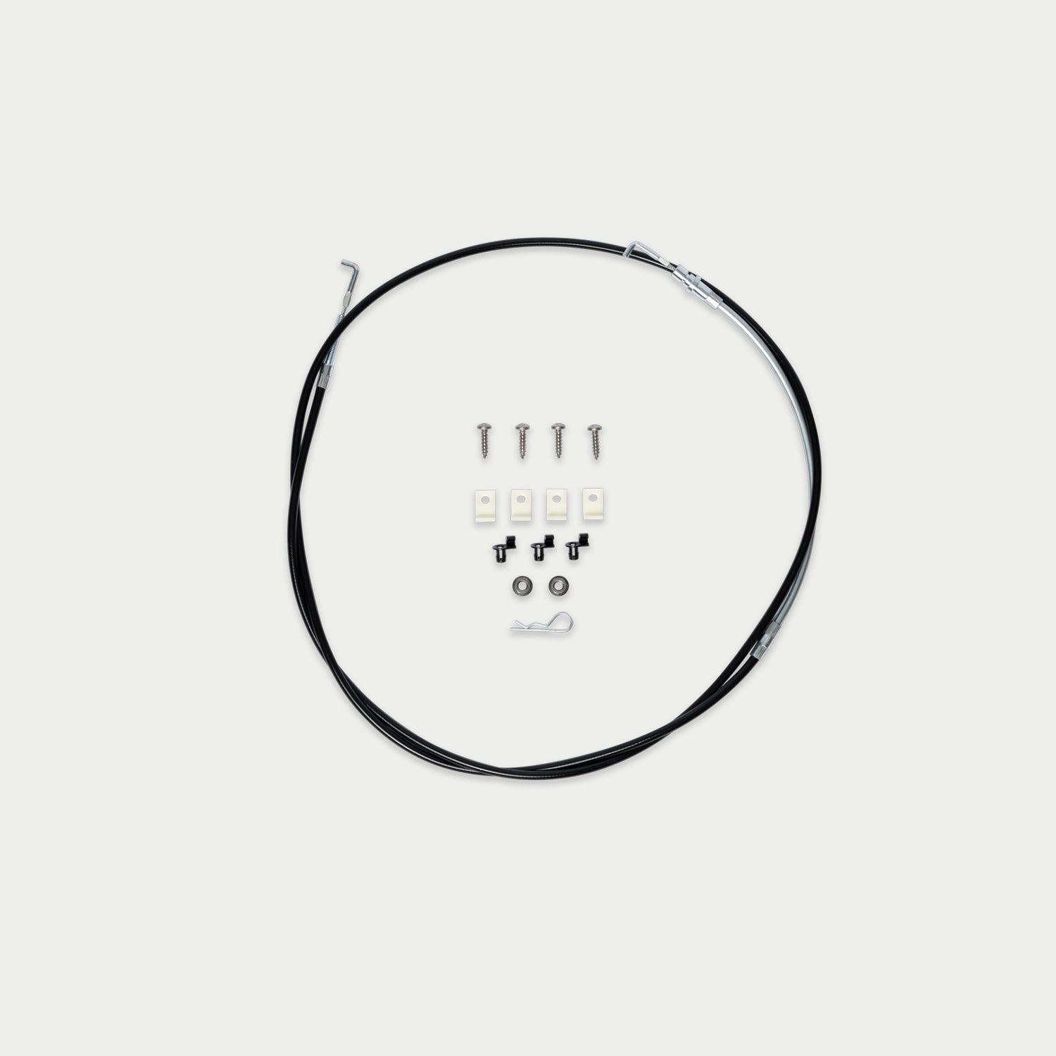 A black cable assembly with metal mounting hardware, including screws, clips, and small hardware pieces, arranged neatly on a light gray background.