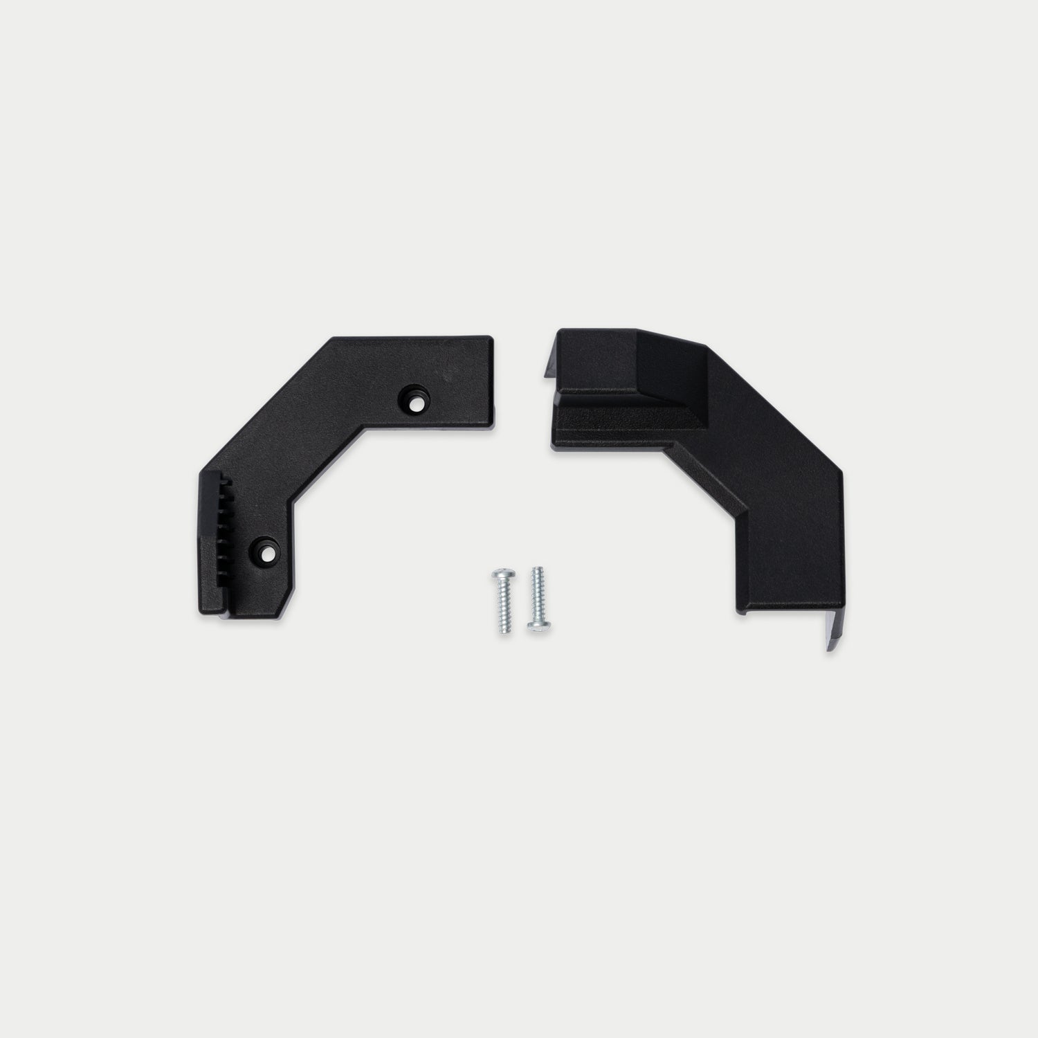 A pair of black plastic mounting brackets with two silver screws, displayed on a light gray background.