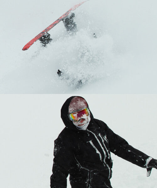 Andy gracefully recovering from a head-over-heels tomahawk on his snowboard with a face-full of snow.