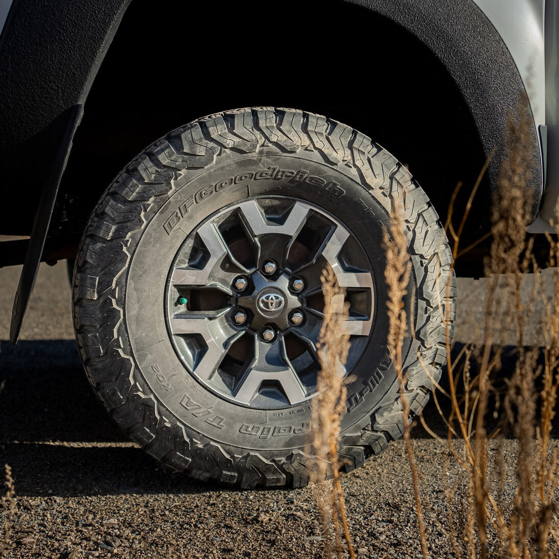 Close-up of a tire with a tread pattern on a vehicle, surrounded by dry grass.