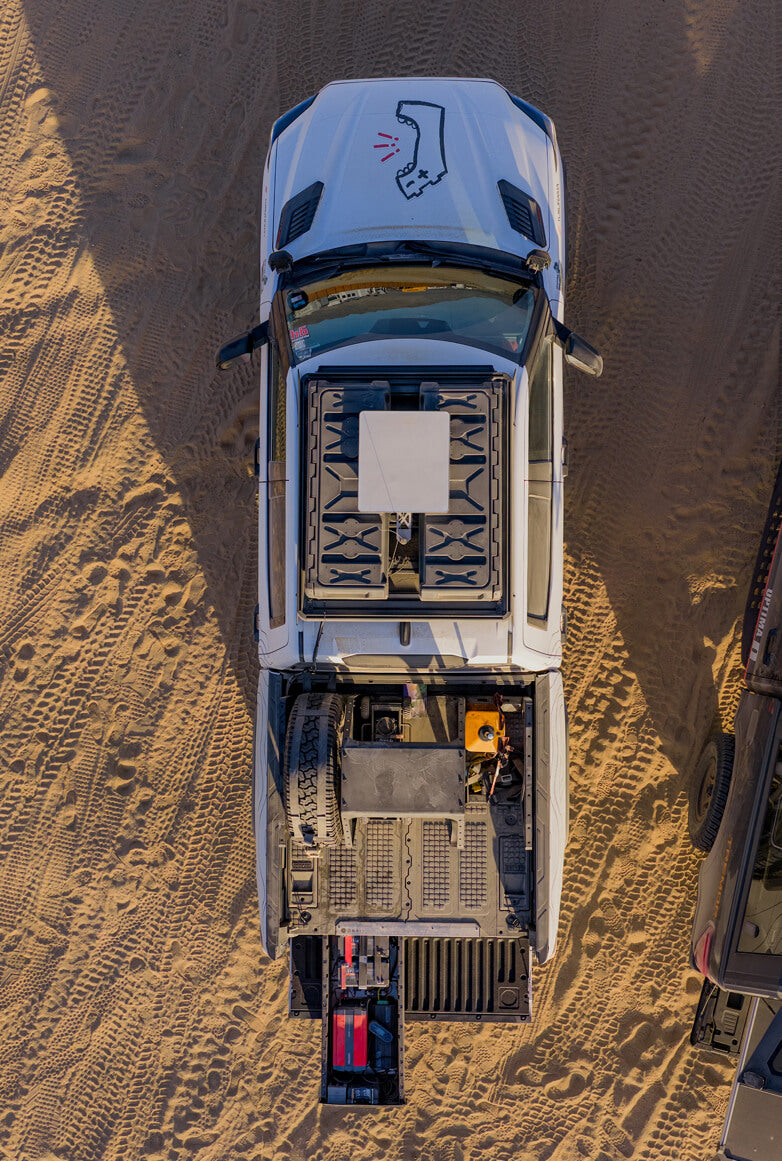 A bird's eye view of one of the Optima fleet trucks that has a Drawer System in the bed.