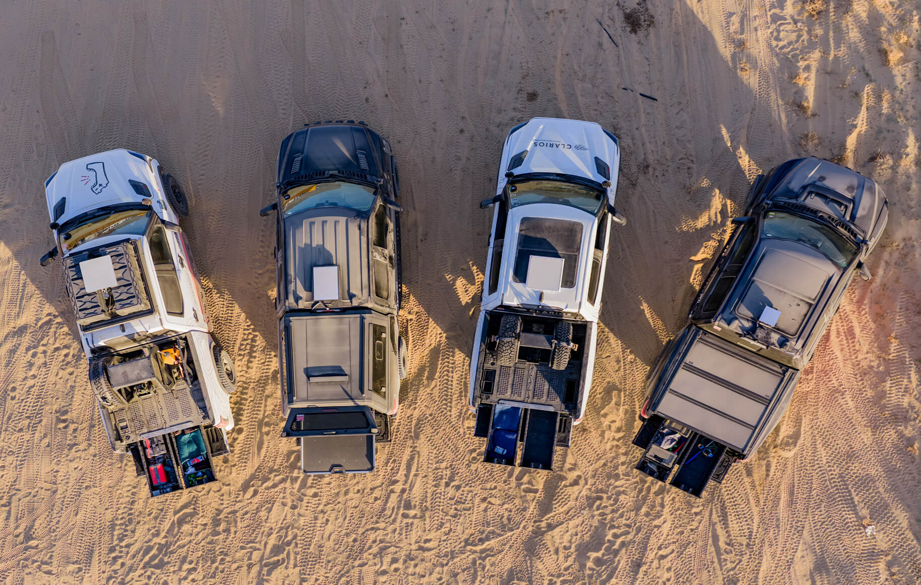 A bird's eye view of the Optima fleet where you can see the DECKED Systems full of tools and gear.