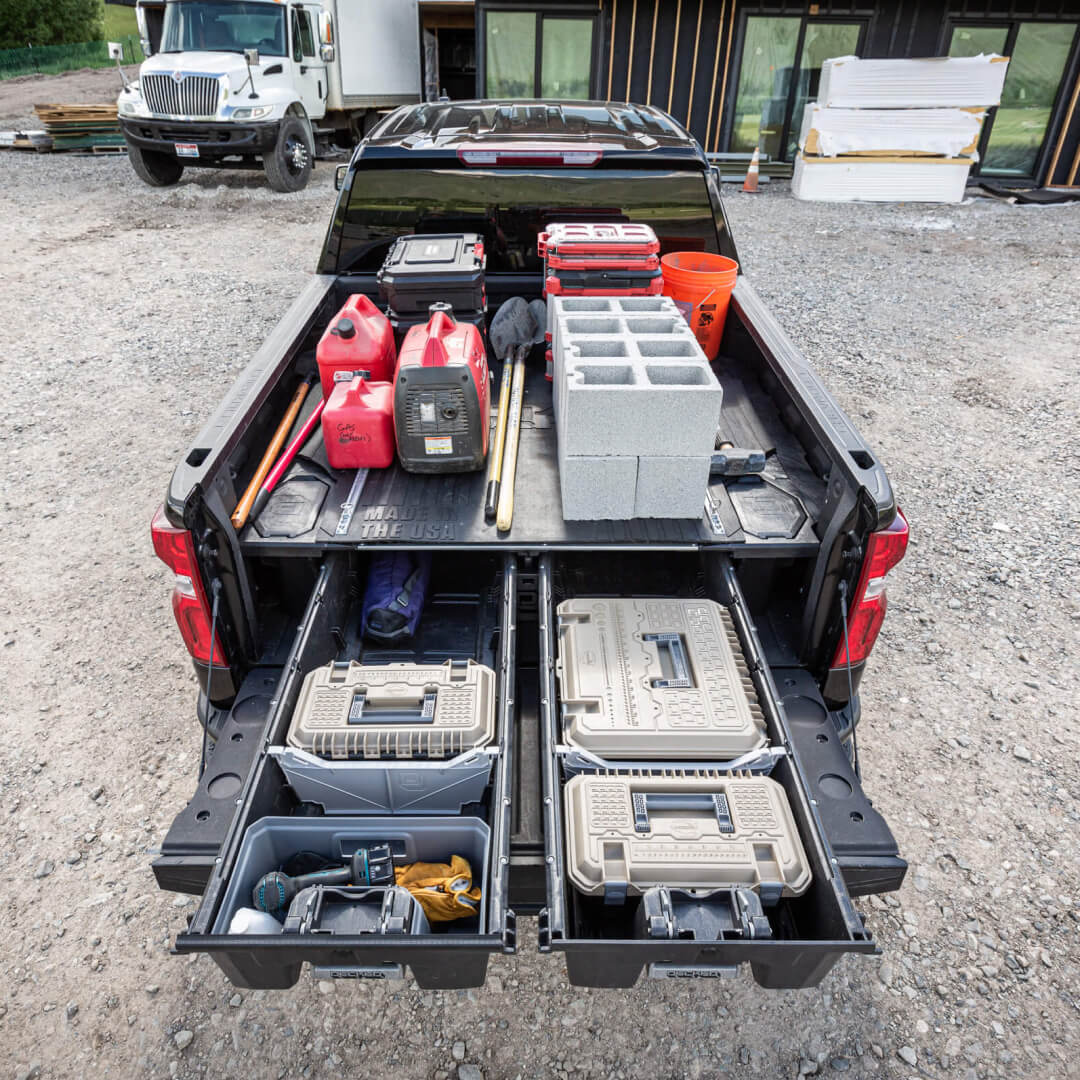 Truck Bed Battle Mat on top of a Drawer System at a construction jobsite