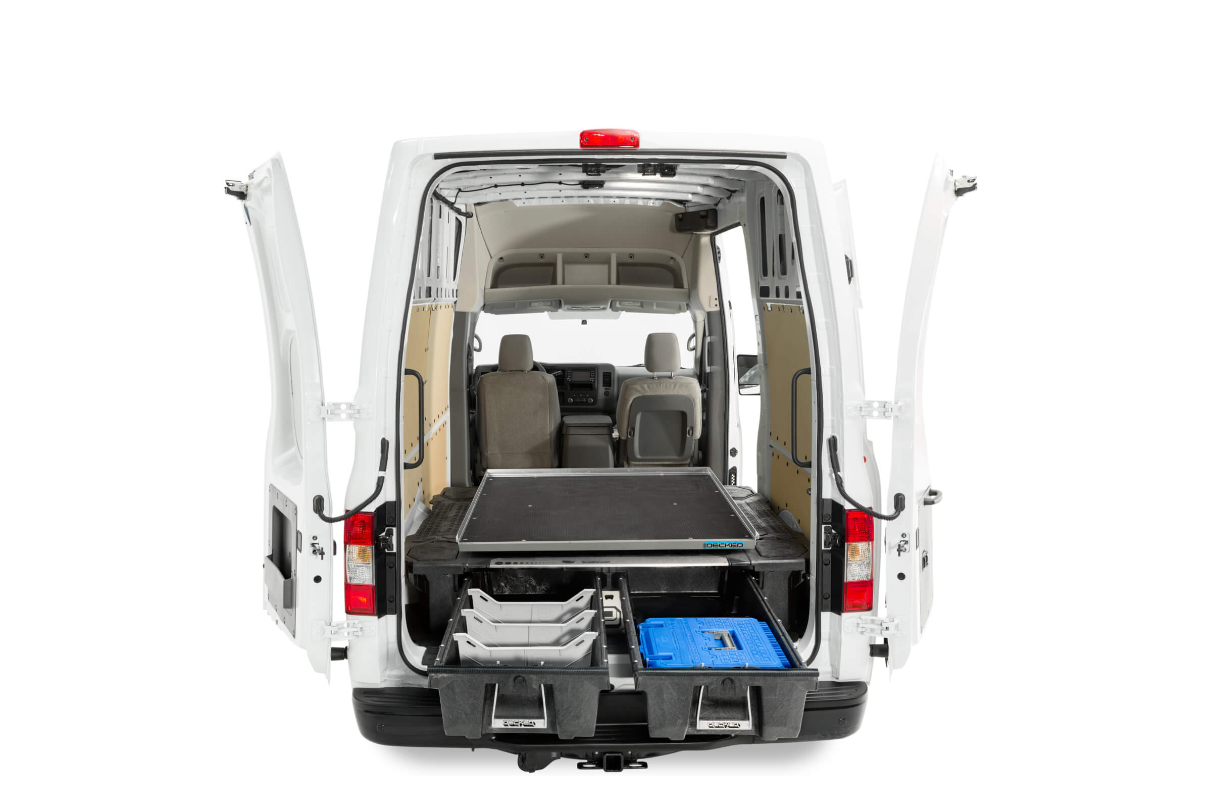 Studio image of a cargo van with CargoGlide and a drawer system