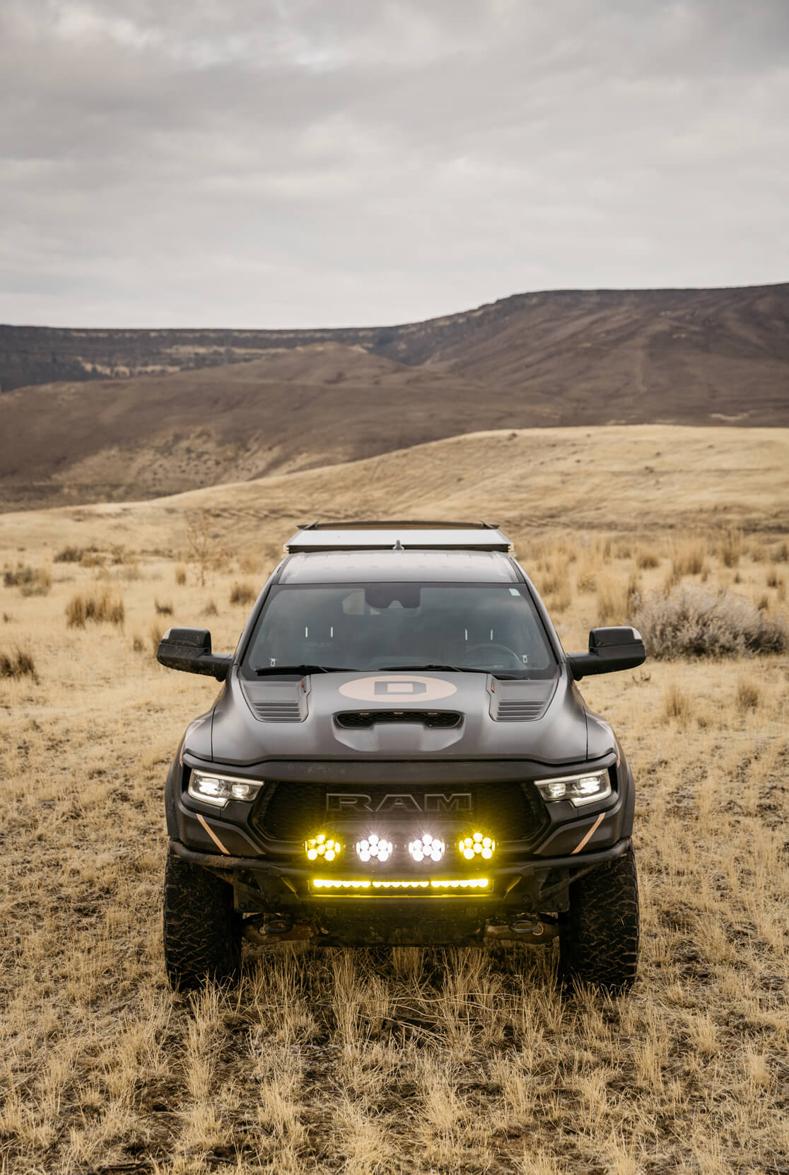 A view of the DECKED logo on the TRX's hood.