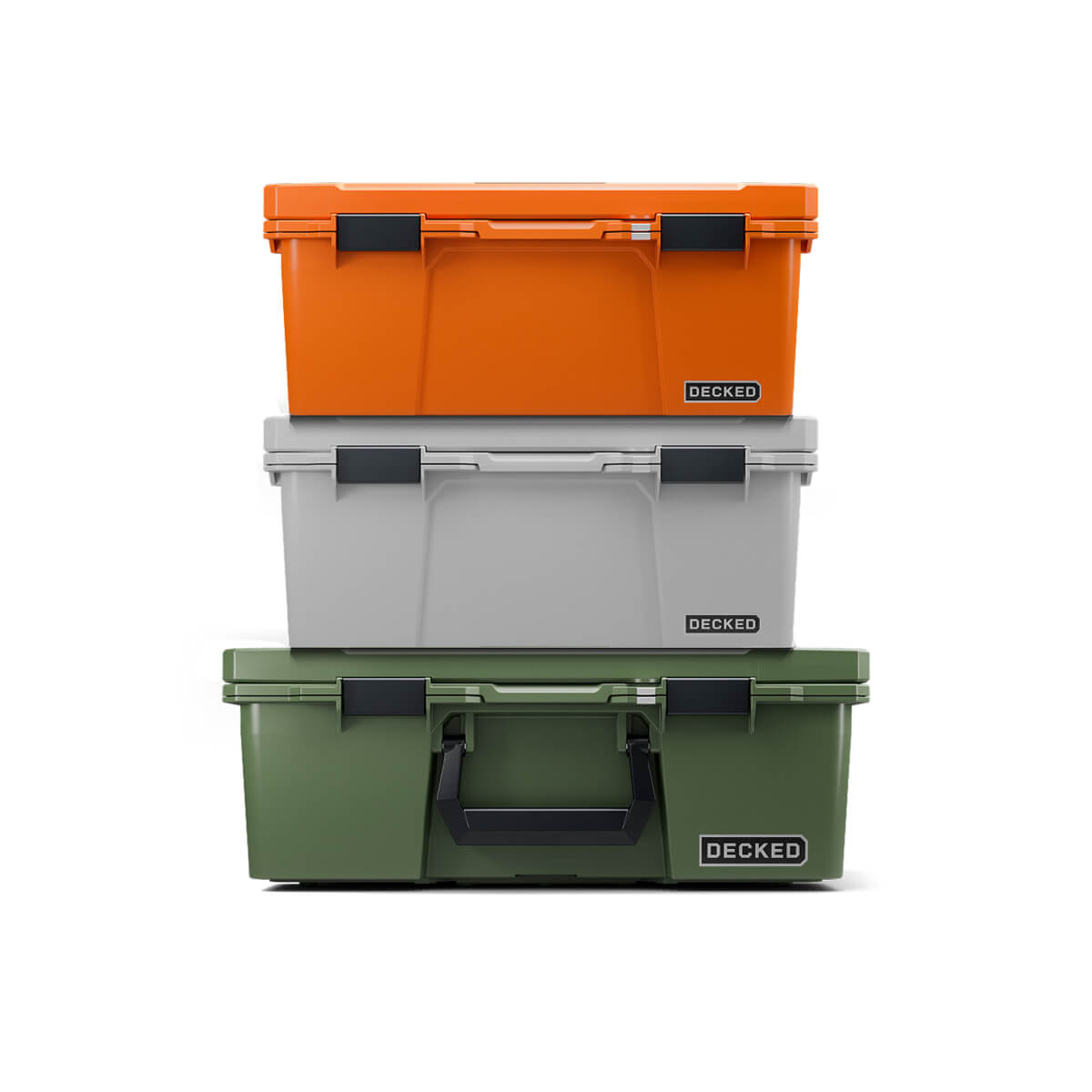 A stack of three D-co Cases in the new colors, Ranger Green, Cool Gray, and Blaze Orange.