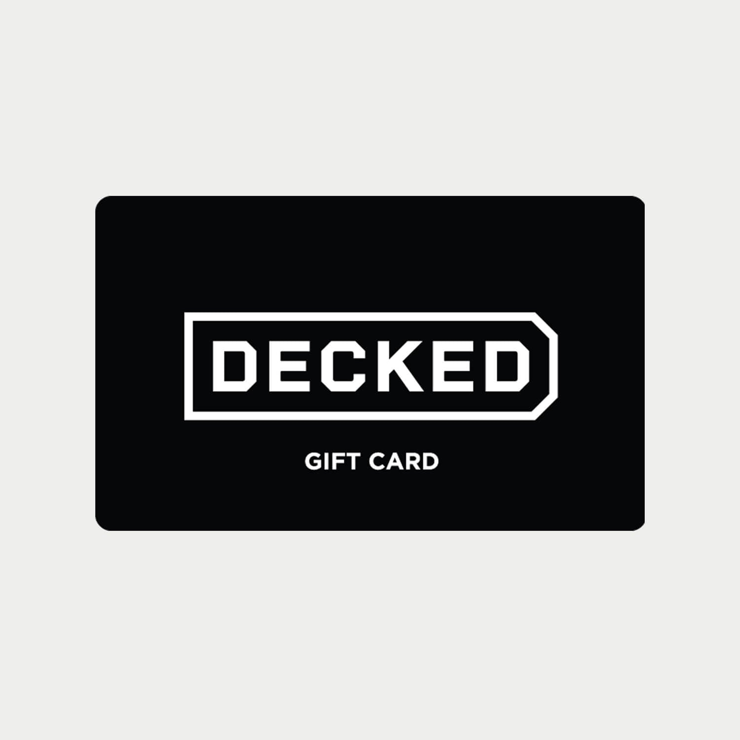 Black gift card with 'DECKED' branding on a white background