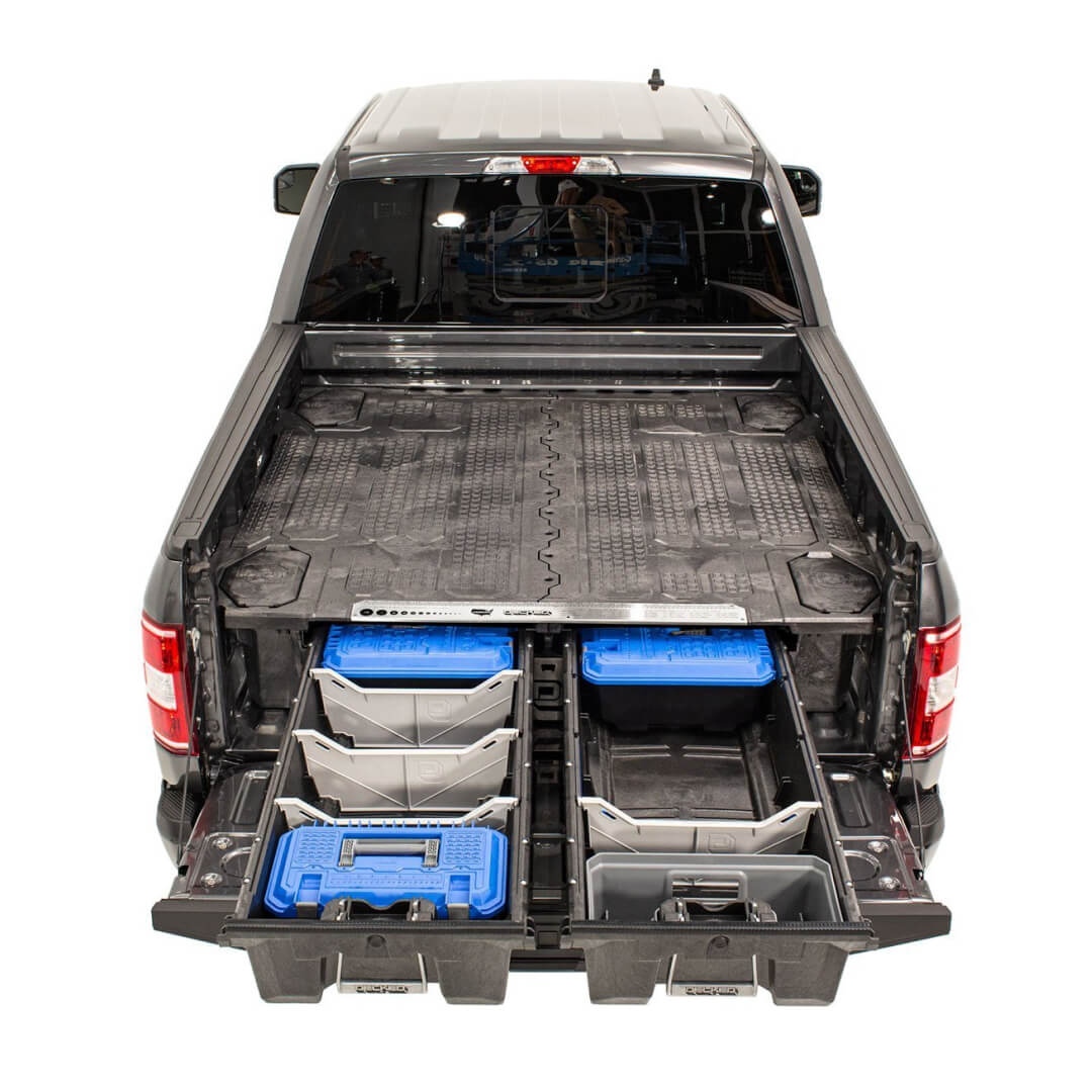 Top down view of a Full-size Drawer System in a truck with accessories