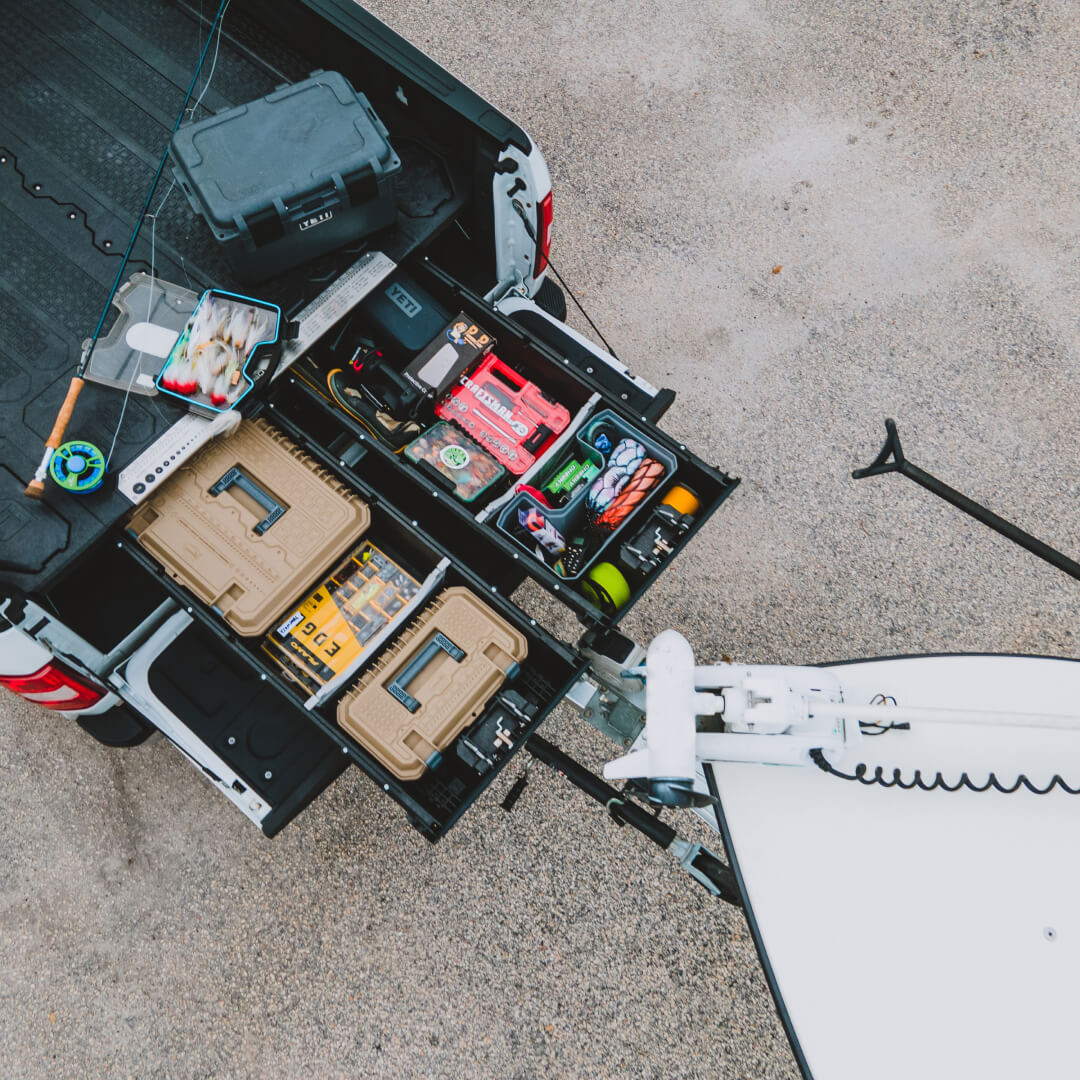 Overheaad view of a Drawer System in a truck towing a boat