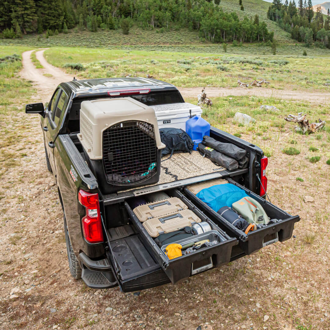 Backside view of a Drawer System with a Traction Mat and accessories