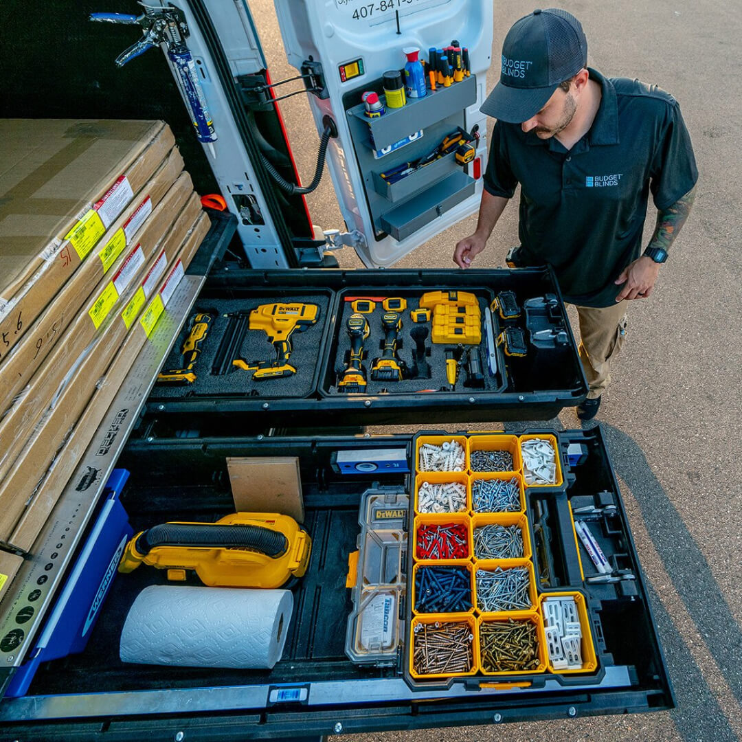 Overhead view of a Drawer System storing power tools, nails and other supplies