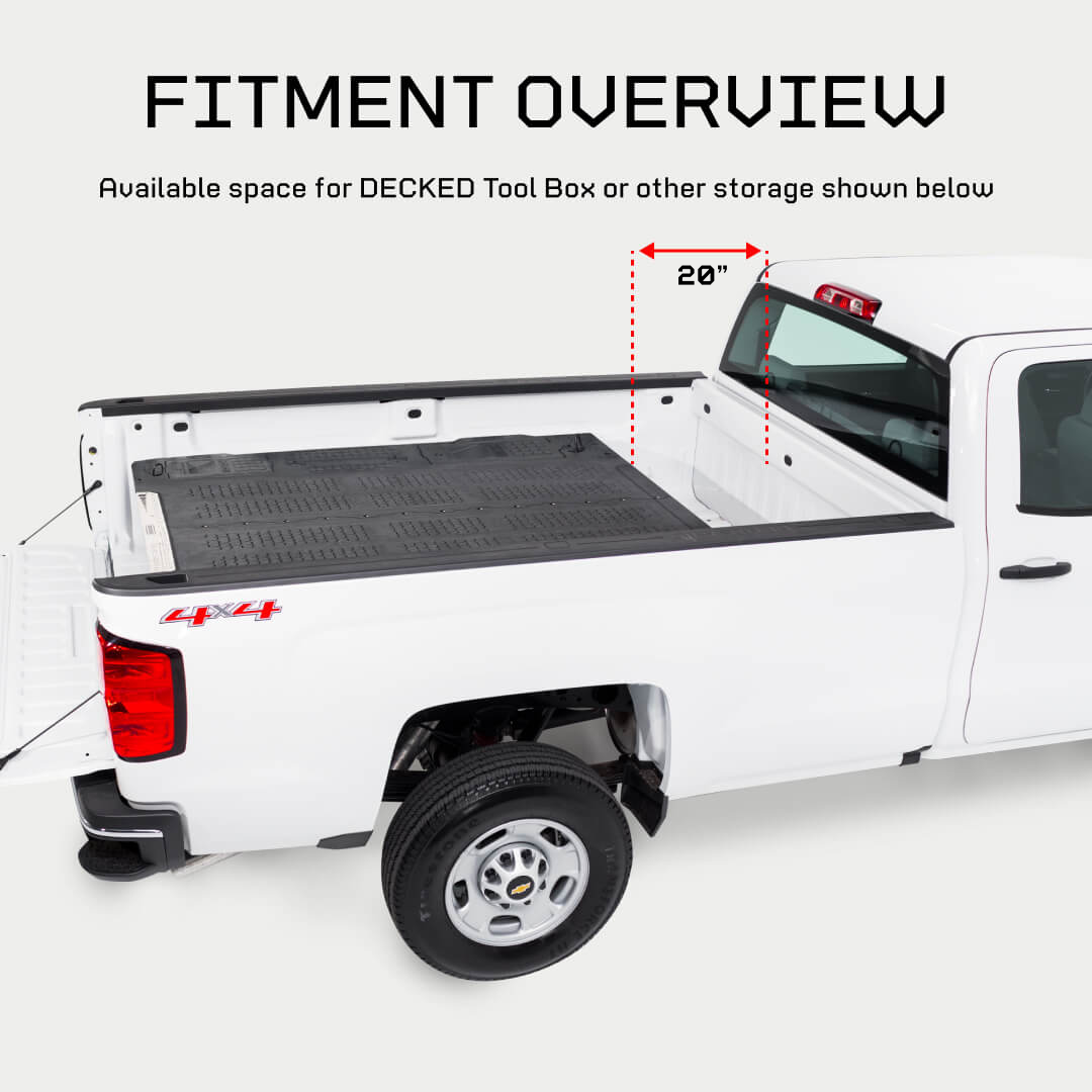 Fitment overview of the Drawer System for 8 foot bed trucks, illustrating that there is a 20 inch gap between the end of the Drawer System and the truck's cab.