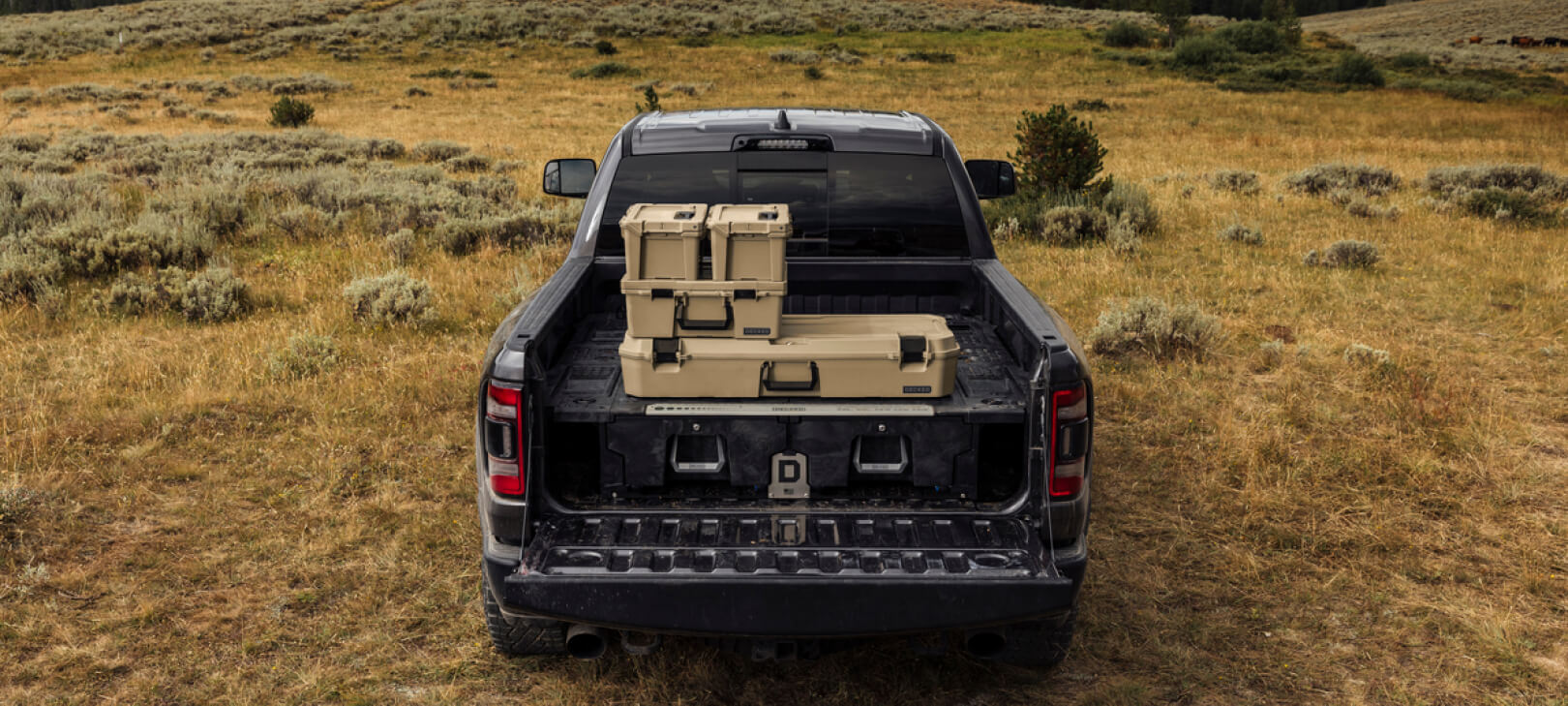 Back view of a Full-Size Drawer System inside a truck with D-co cases stacked on top