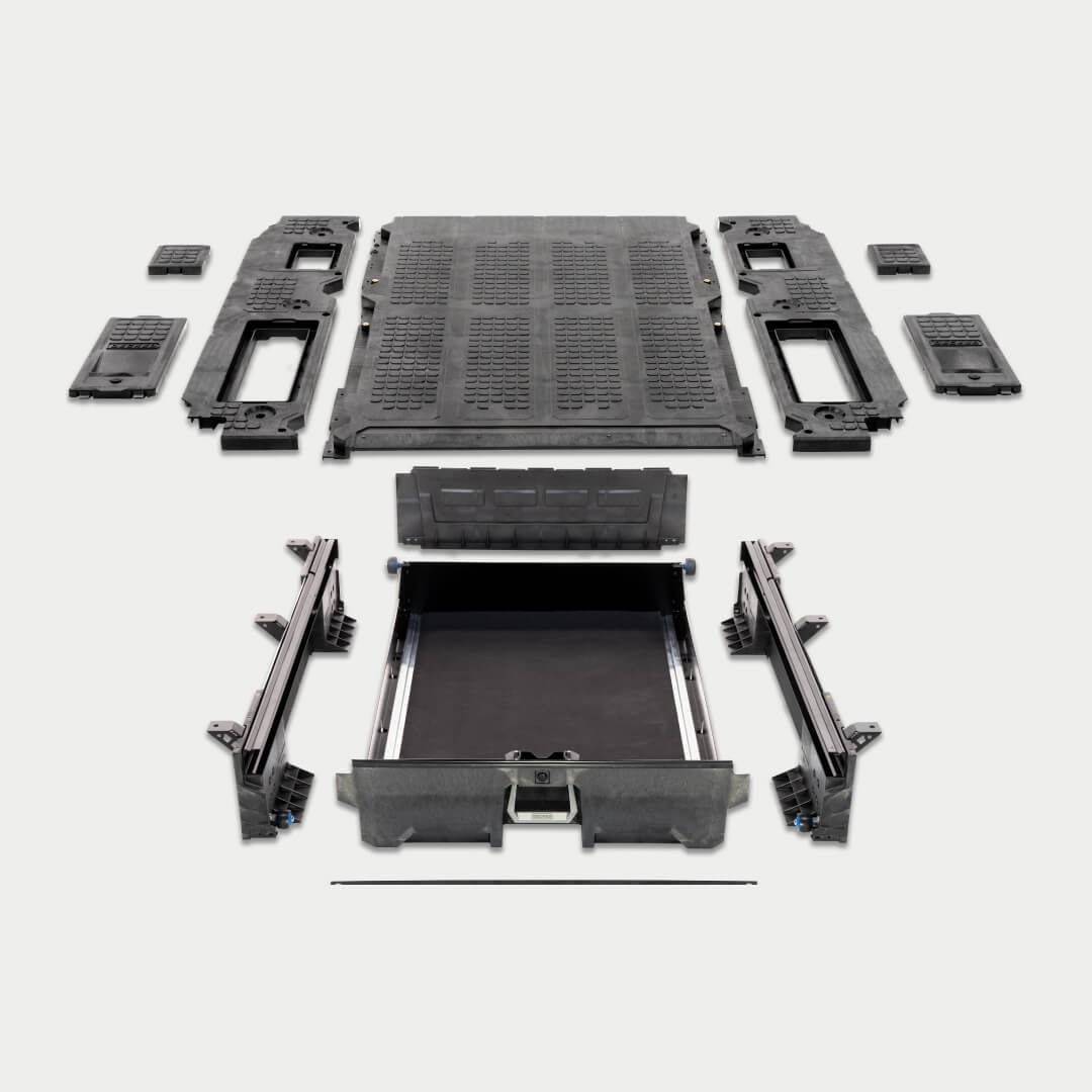 Deconstructed view of all the parts of a Midsize Drawer System