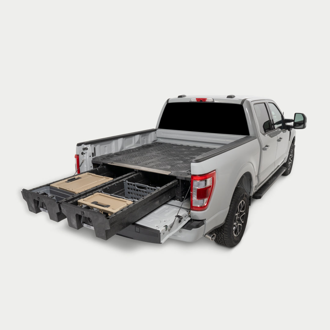 A truck with a full-size drawer system.
