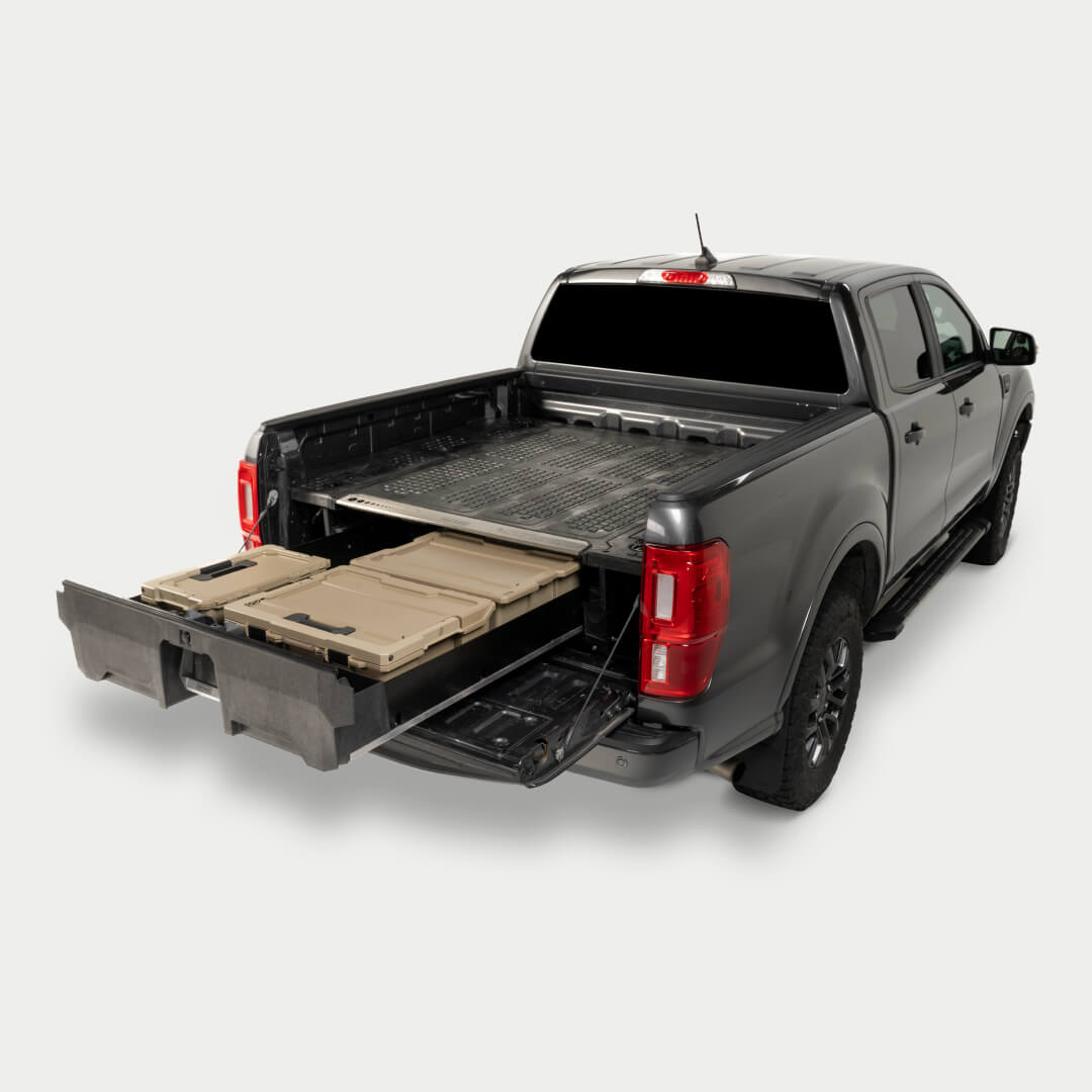 Side angle view of a truck with a midsize Drawer System.