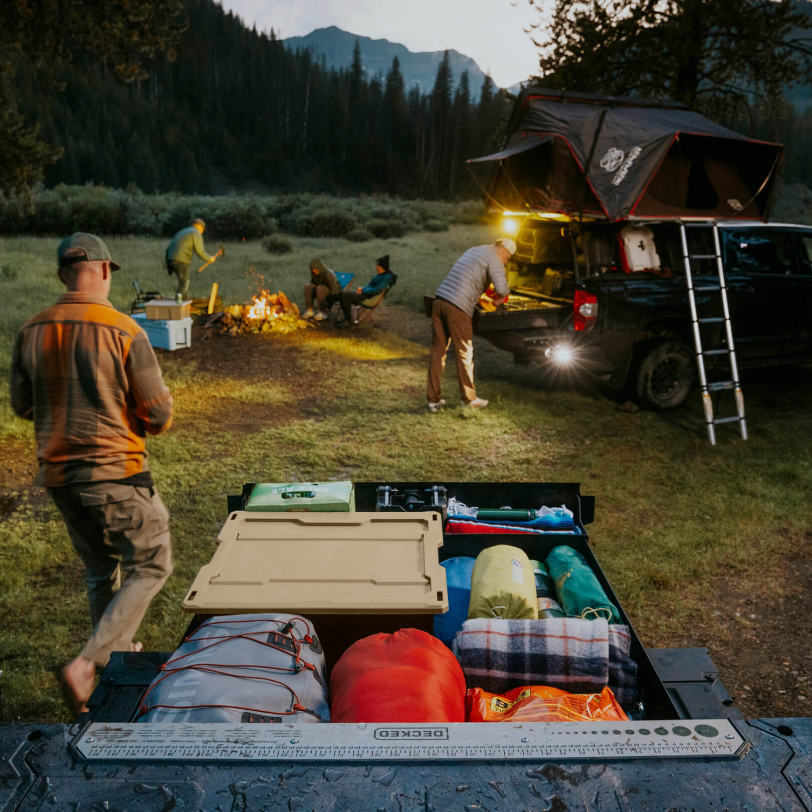 Midsize Drawer System being used as camping storage while camping in the mountains