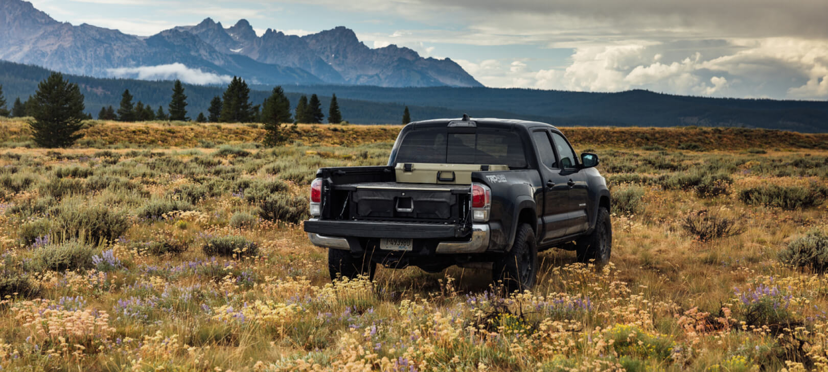 Back of a Midsize Truck in the mountains with a Drawer System installed