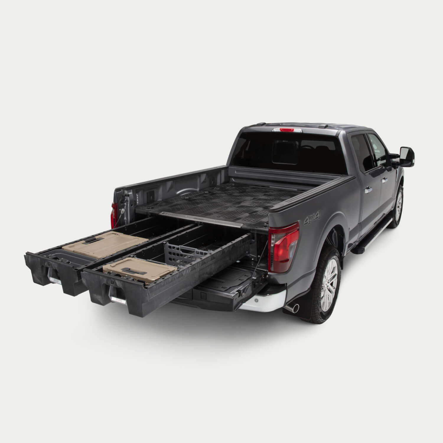 [D-Truck] Angled image of a full-size truck with a Drawer System in the bed with drawers fully extended.