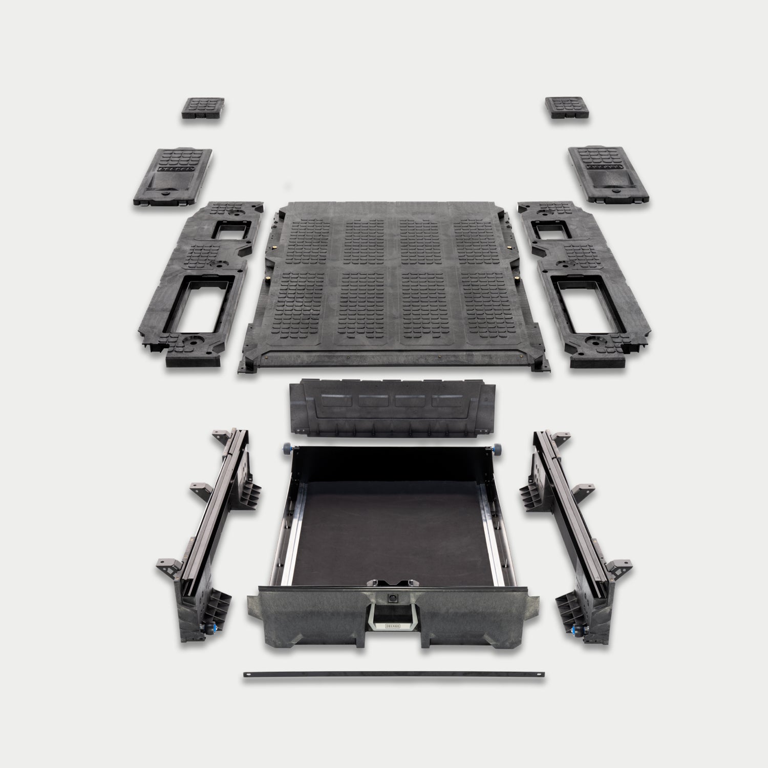 An exploded view of a Drawer System and all of its parts.