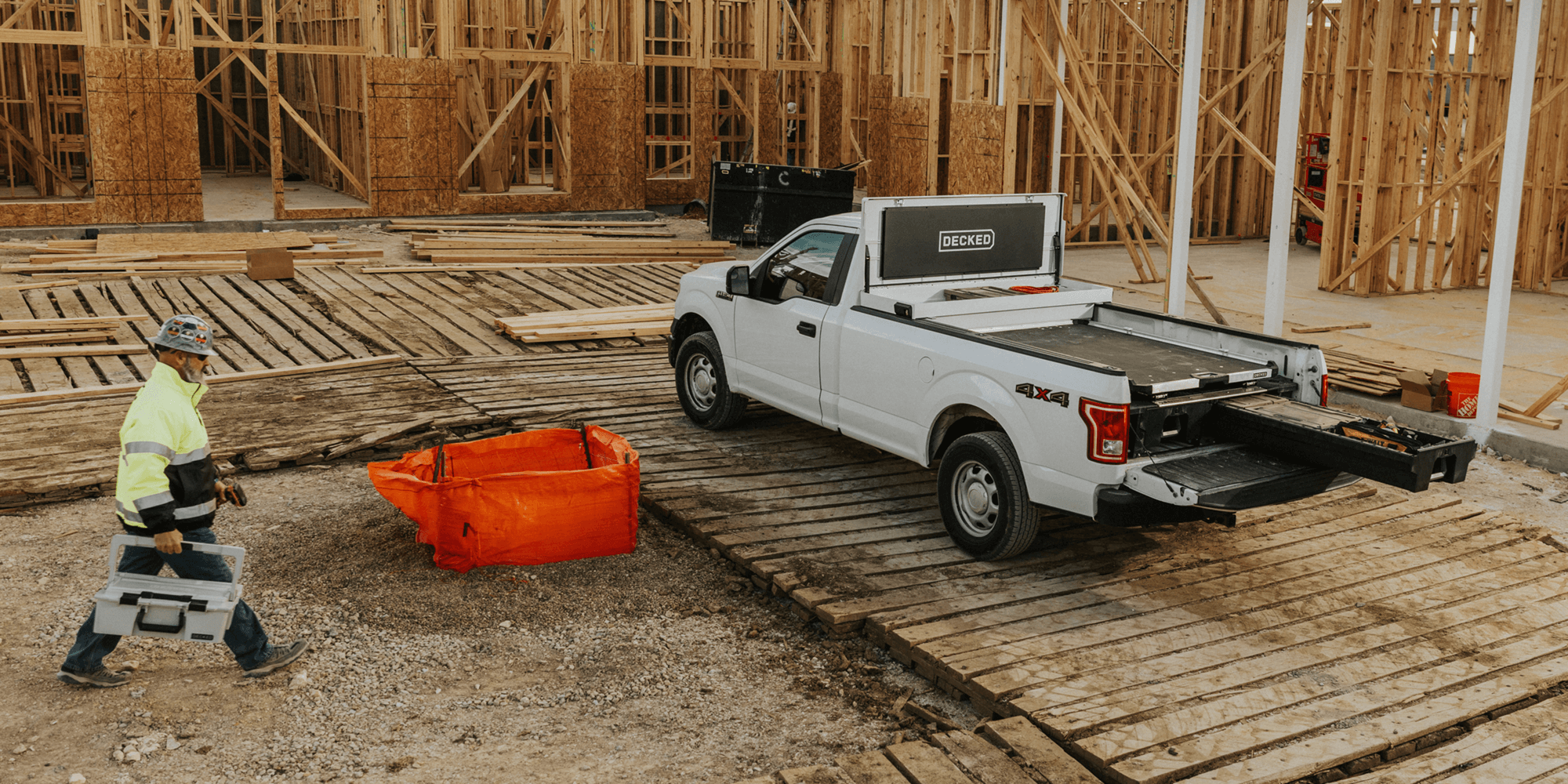 Drawer System with a Tool Box in a white truck at a construction site