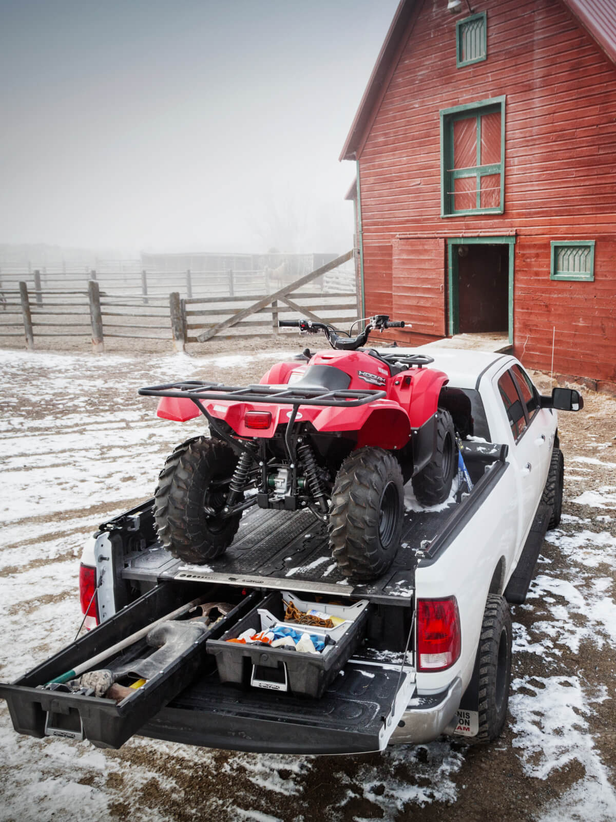 decked drawer system with an atv on top