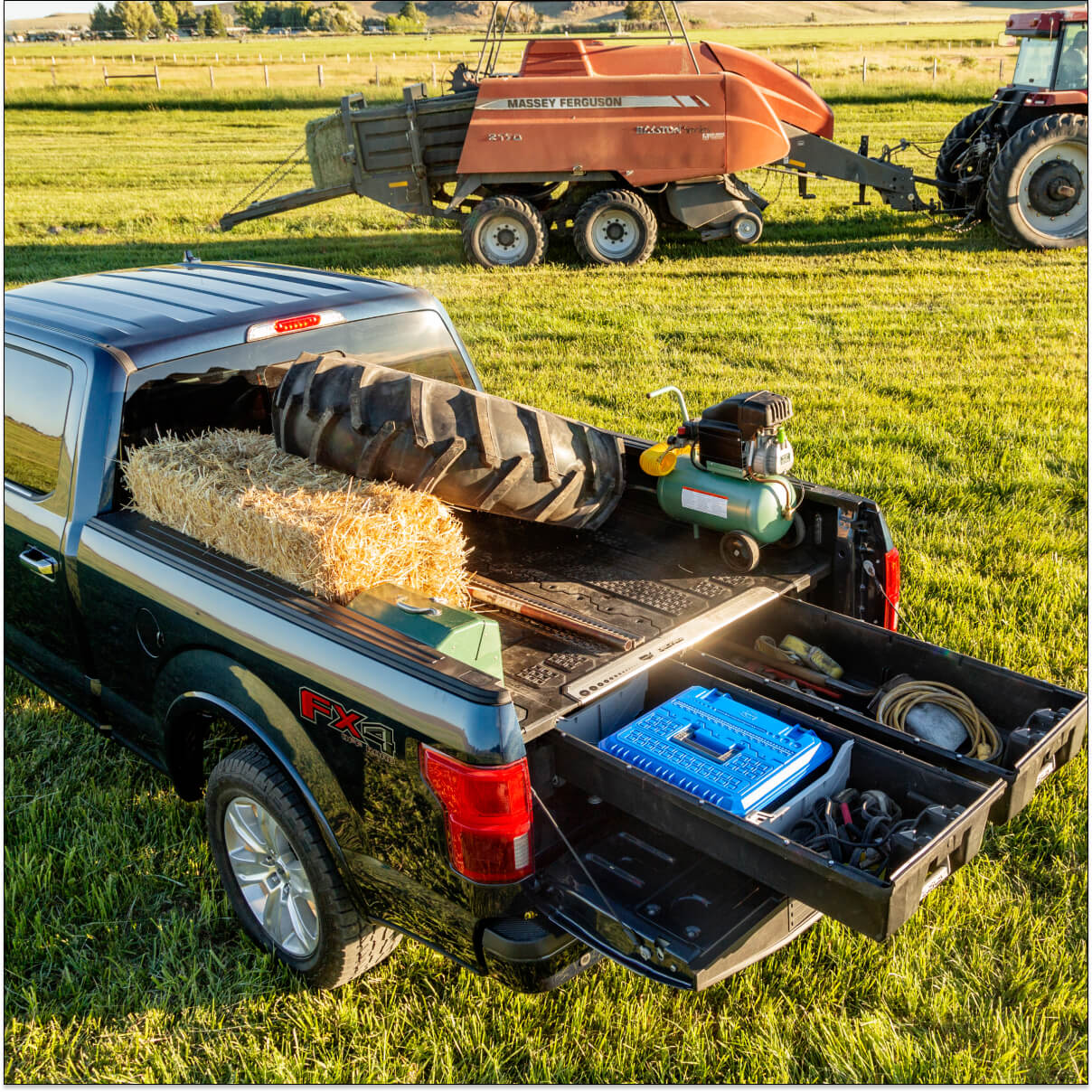 decked drawer system with farm equipment in the back