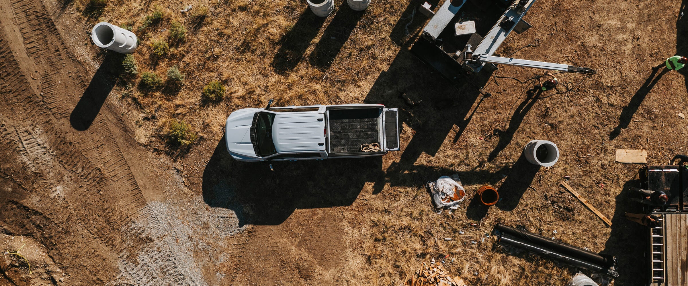 Overhead view of trucks at a construction site