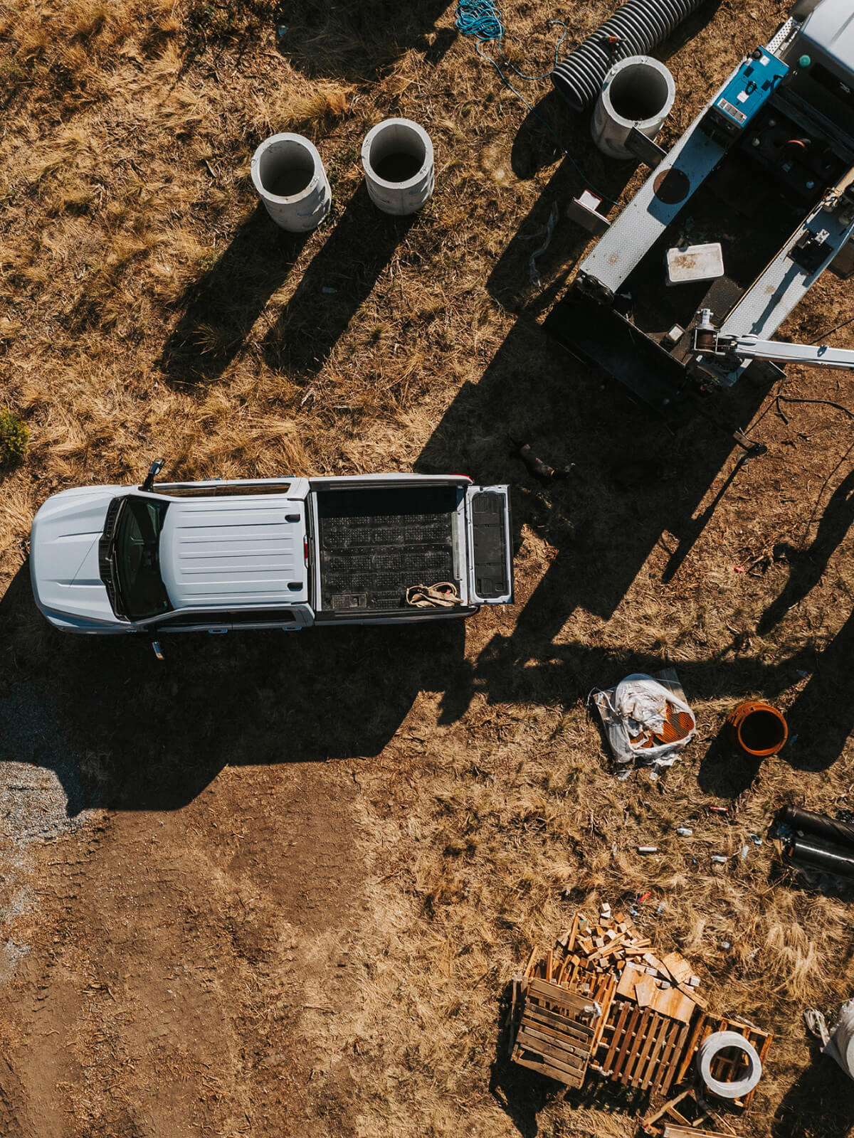 Overhead view of trucks at a construction site