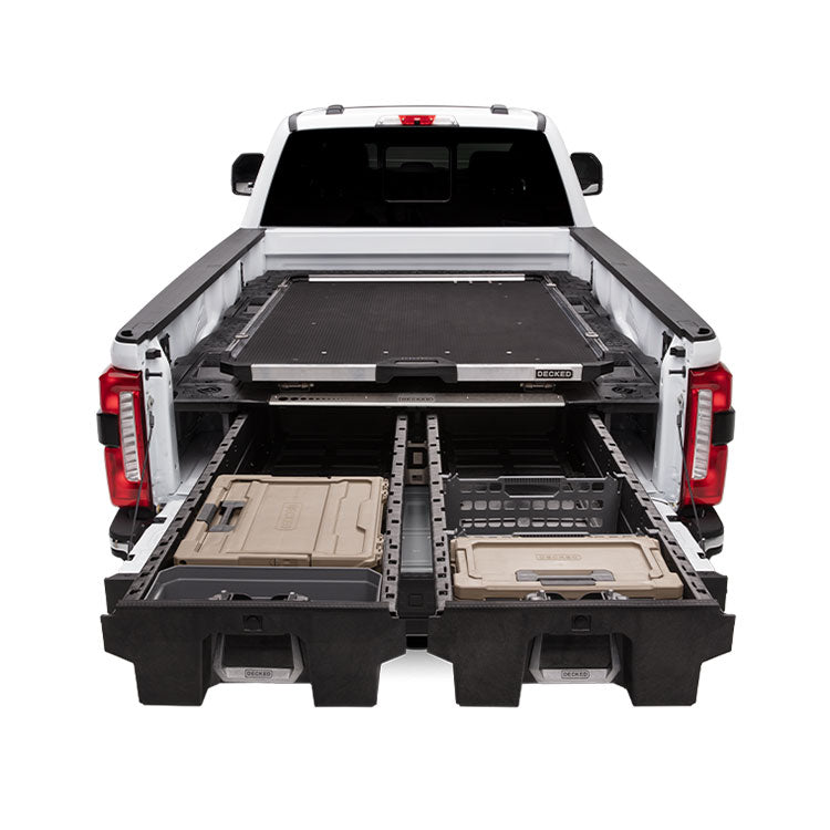Truck bed with storage drawers and compartments on a white background