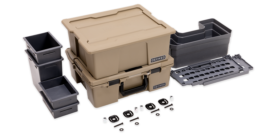 Image of DECKED premium accessory back, including tan cases, grey stash bins, and nuts and bolts.