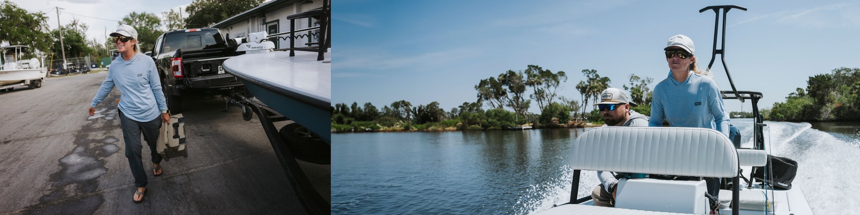 Split image of a fisher-woman carrying a DECKED D-Co case at the boat launch and her and a friend driving their boat out for a day of in-shore fishing.