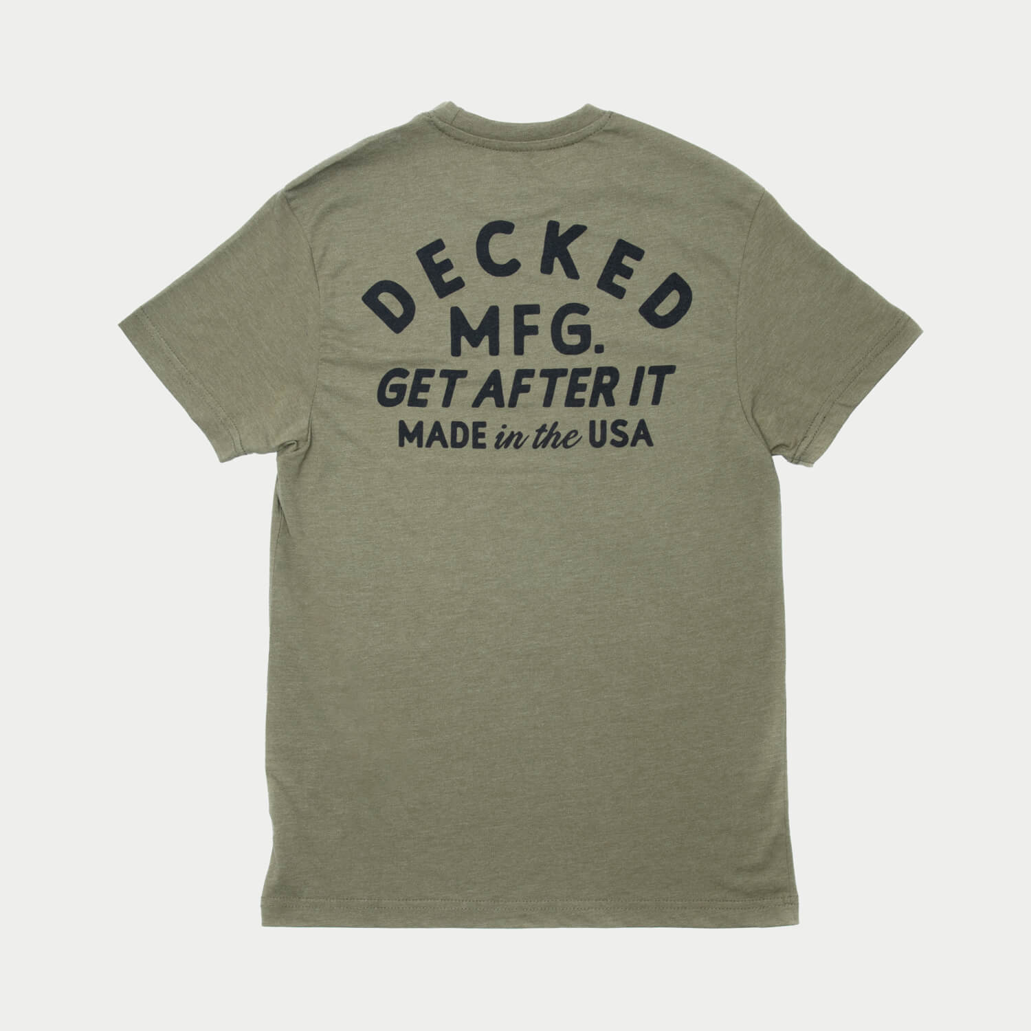 [T0001-DGET-OLV, T0002-DGET-OLV, T0003-DGET-OLV, T0004-DGET-OLV, T0005-DGET-OLV, T0006-DGET-OLV] The back of a green t-shirt with a large logo that says DECKED MFG. the shirt is on a light gray background